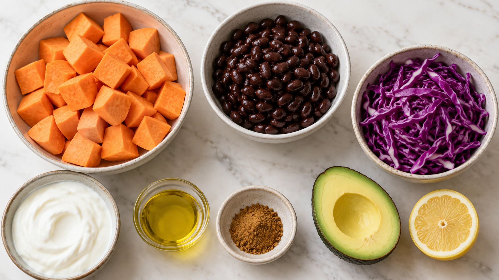 Ingredients for sweet potato black bean bowls arranged separately