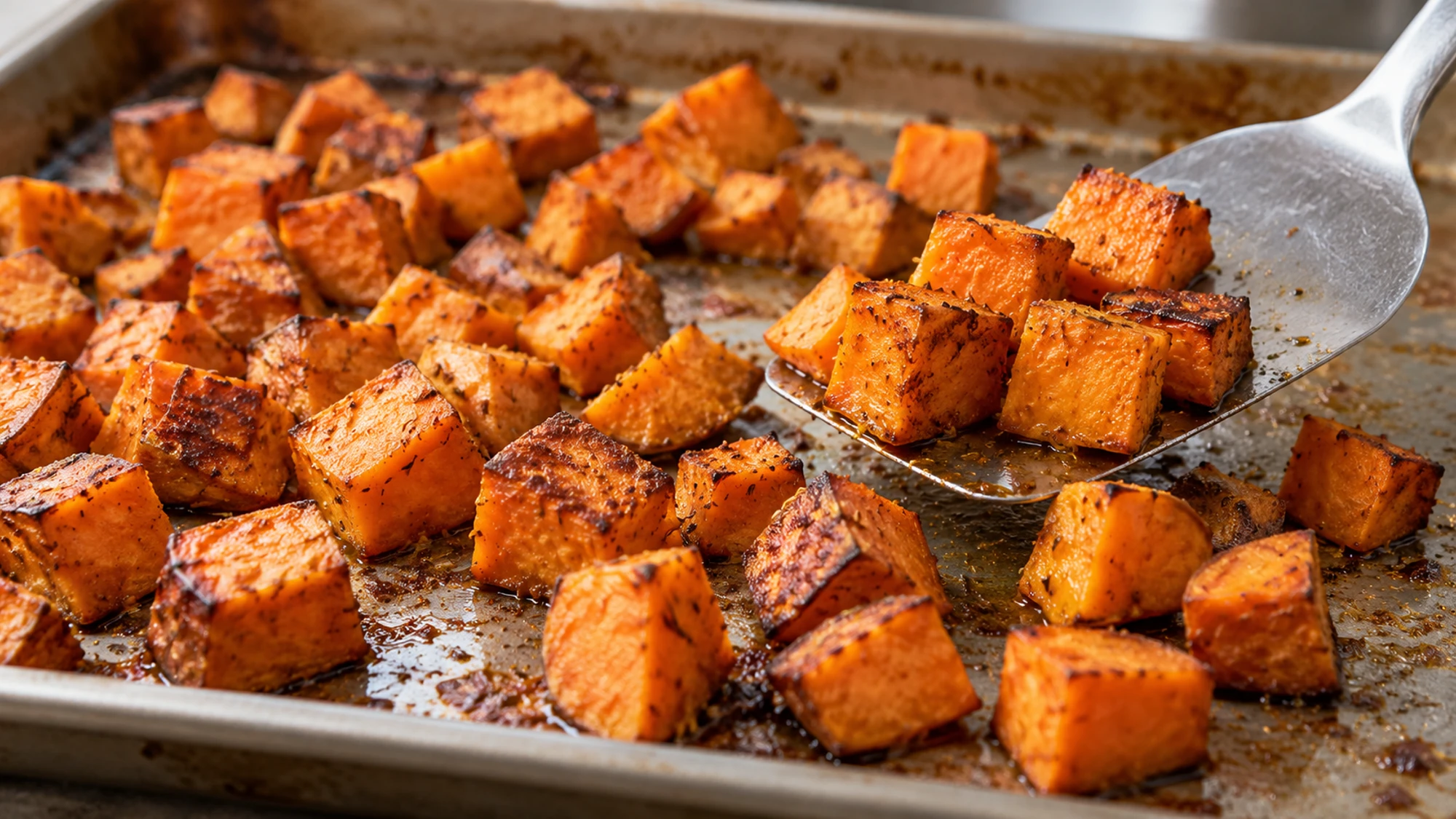 Sweet potato cubes roasting for sweet potato black bean bowls
