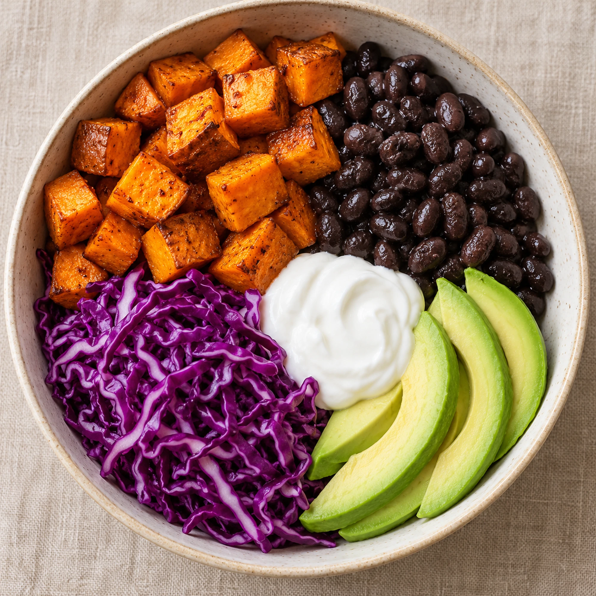 Overhead sweet potato black bean bowls with creamy avocado