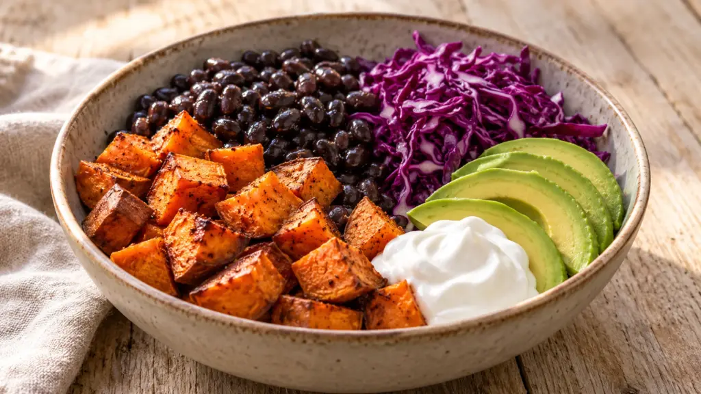 Sweet potato black bean bowls with cabbage avocado and yogurt