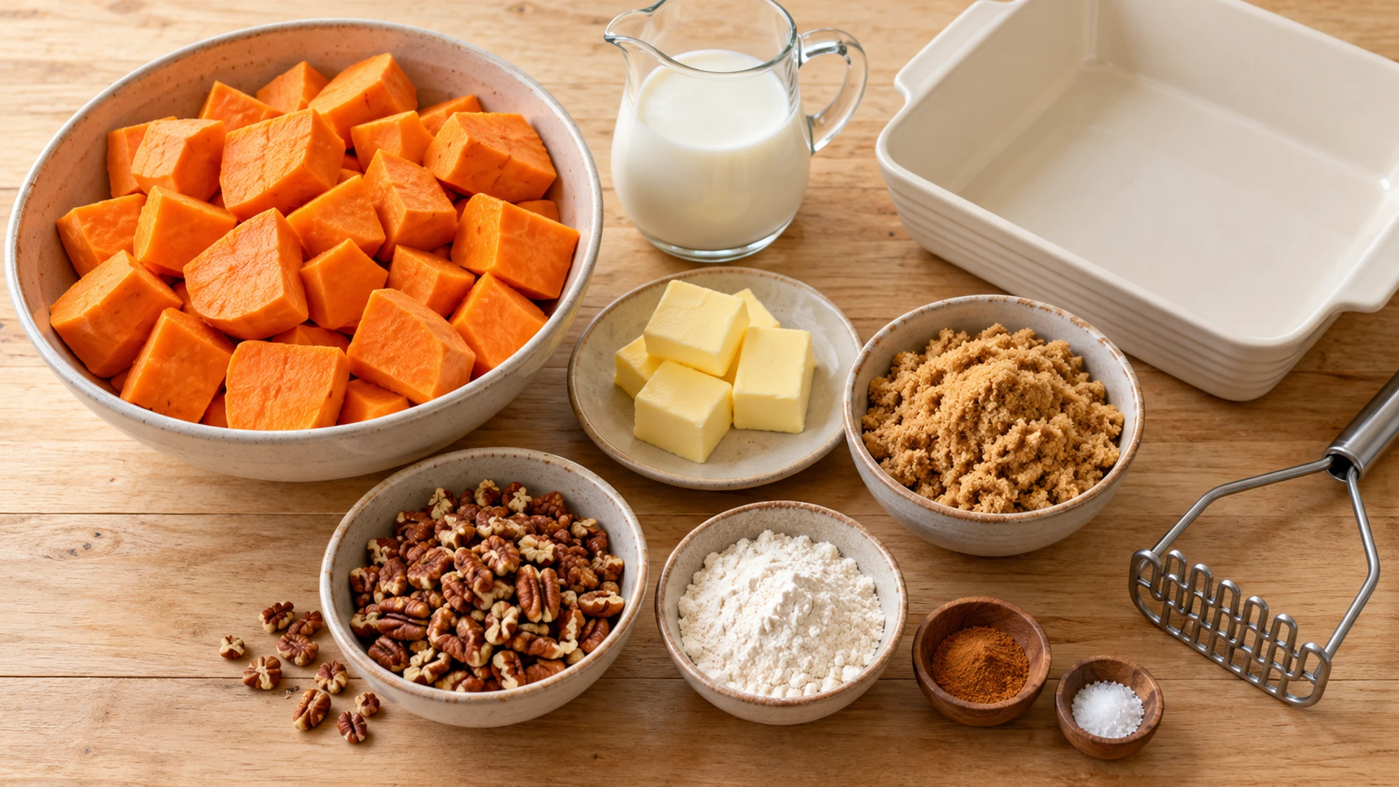 Sweet potato casserole ingredients including fresh potatoes, pecans, butter, milk, and brown sugar