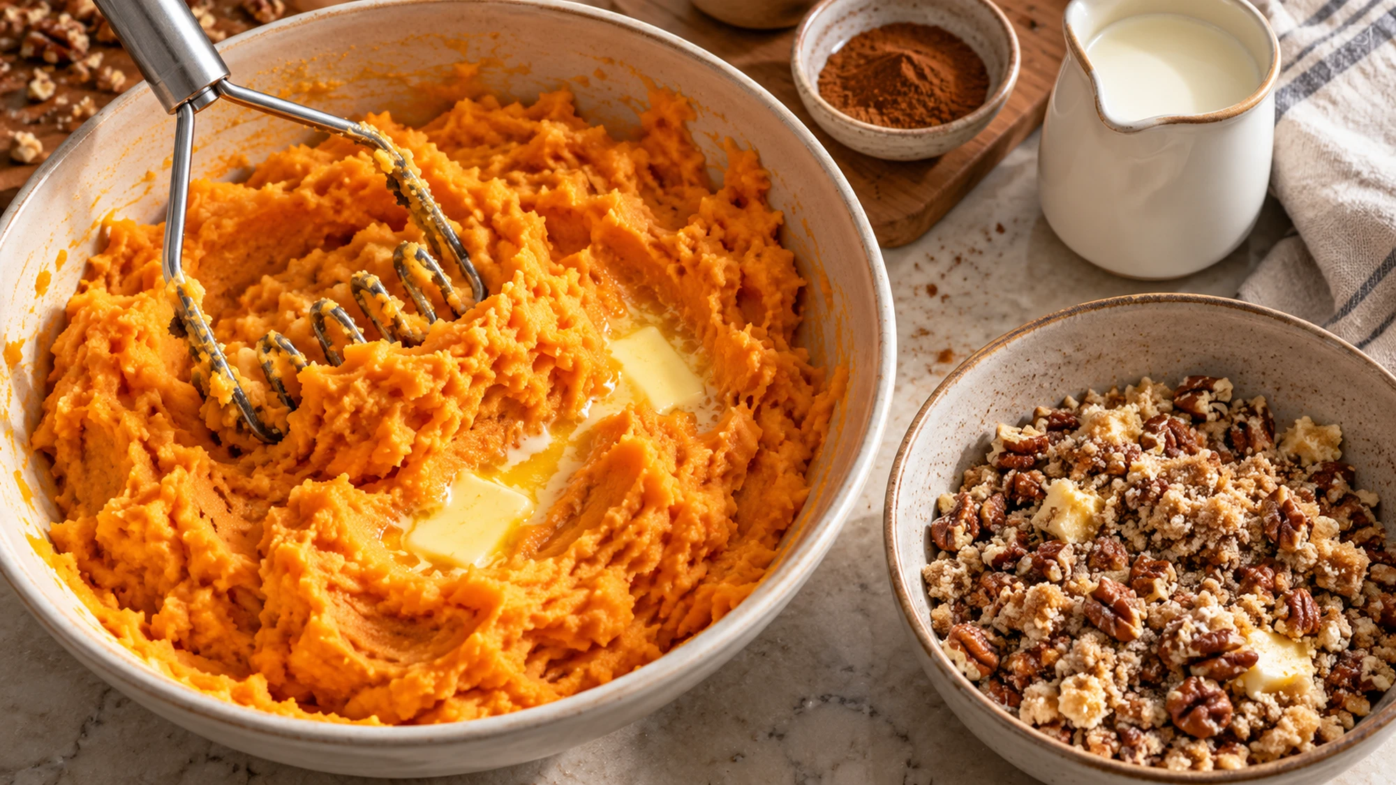 Mashed sweet potatoes and a separate bowl of pecan crumble for sweet potato casserole