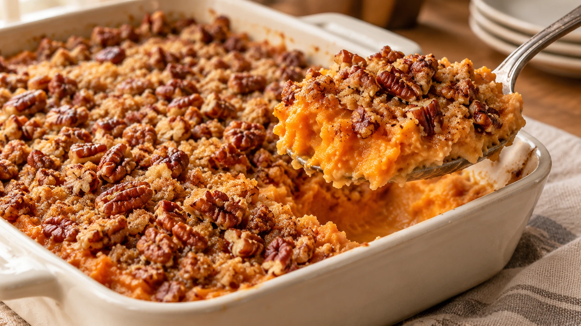 A spoon lifting sweet potato casserole beneath its crisp pecan topping