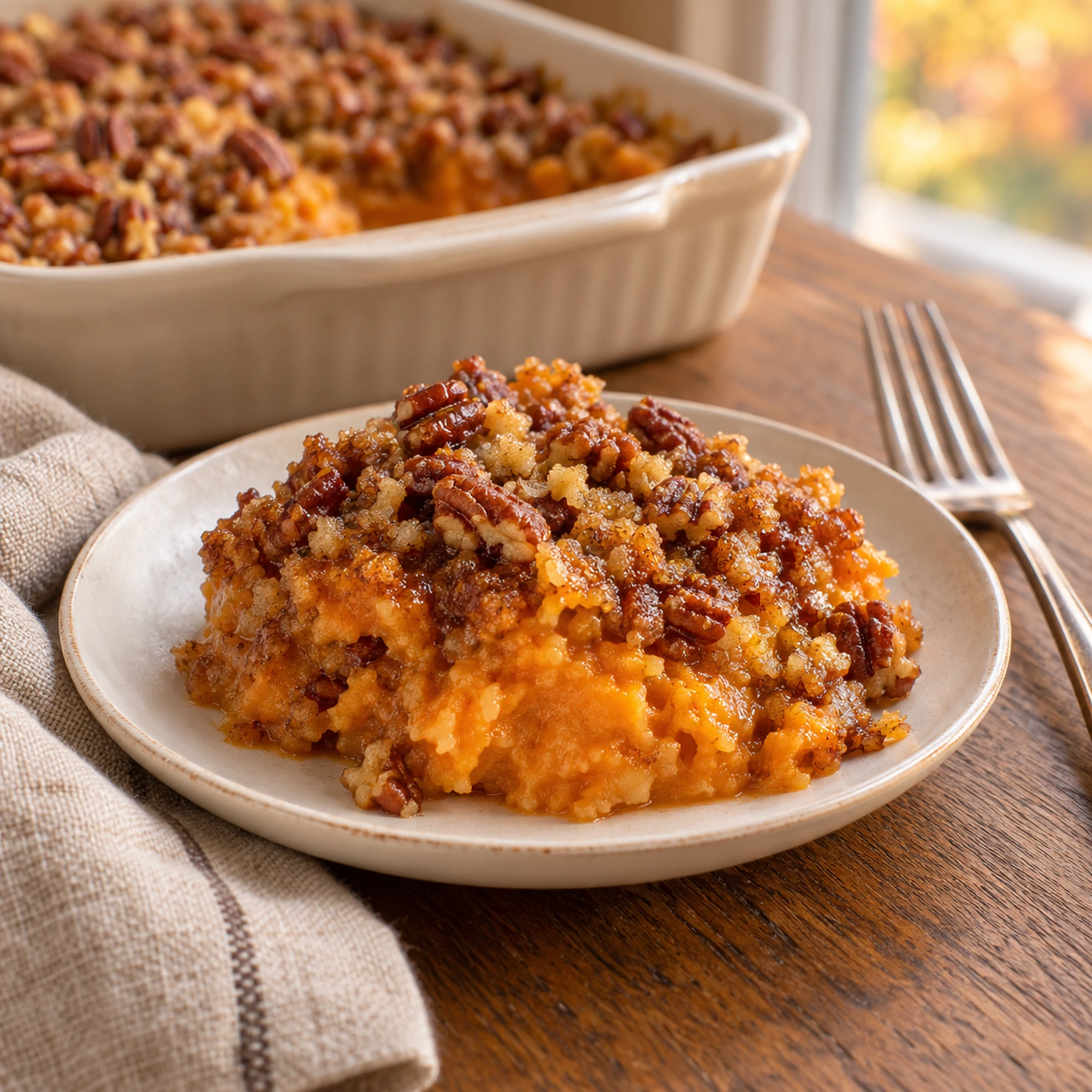 A serving of sweet potato casserole with pecan crumble on an ivory plate