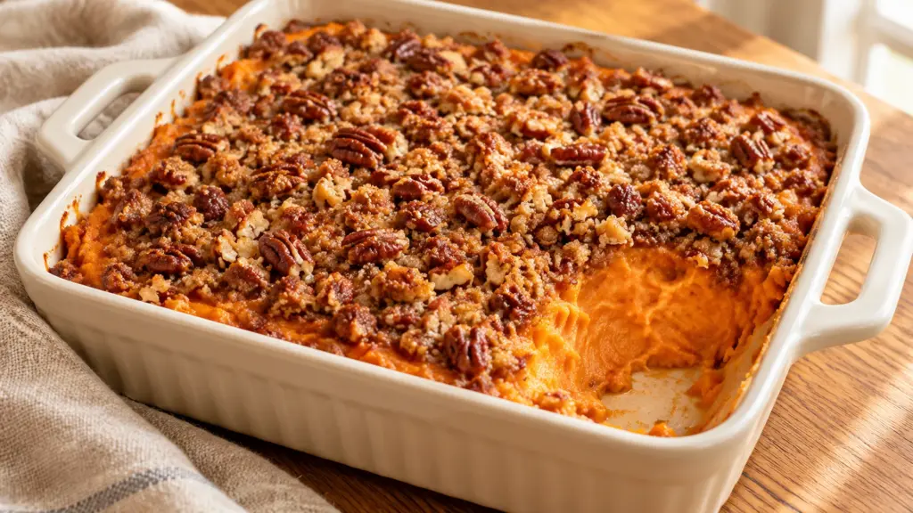 Sweet potato casserole with golden pecan crumble and creamy orange filling