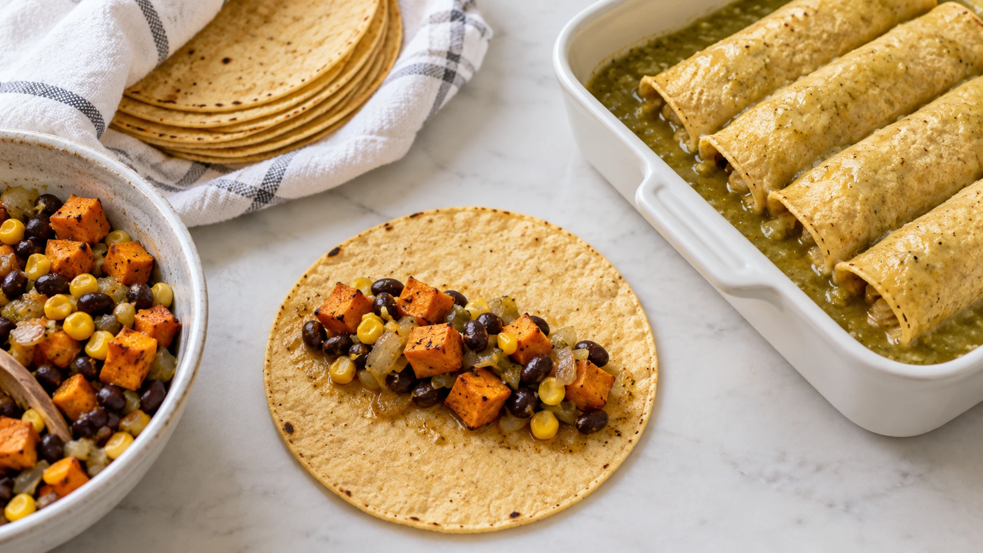 Warm corn tortilla being filled for sweet potato enchiladas