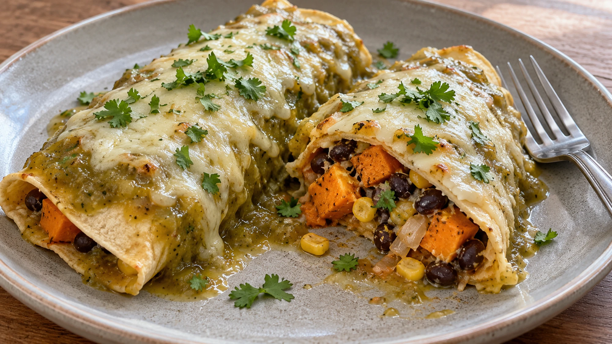Cut sweet potato enchiladas showing orange sweet potato and black beans