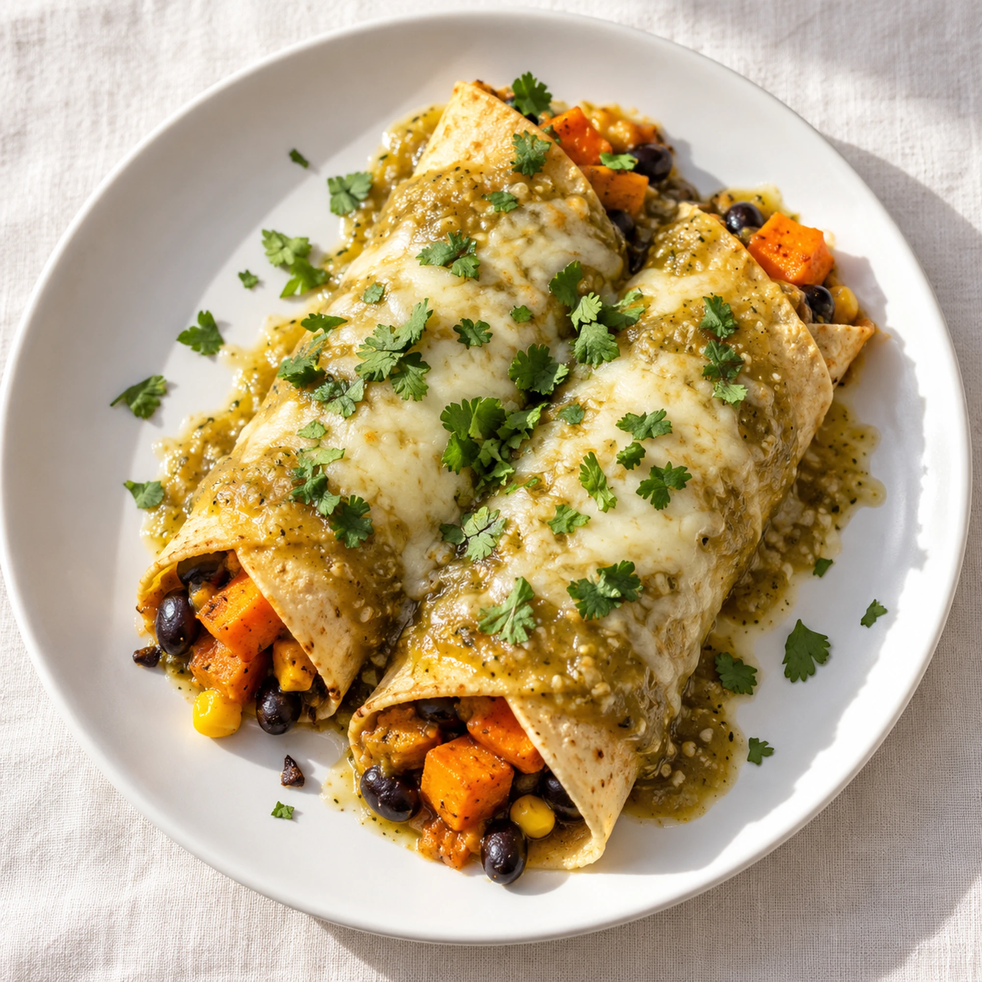 Two sweet potato enchiladas with salsa verde, cheese, and cilantro