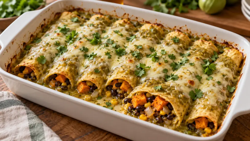 Sweet potato enchiladas under green salsa and melted Monterey Jack