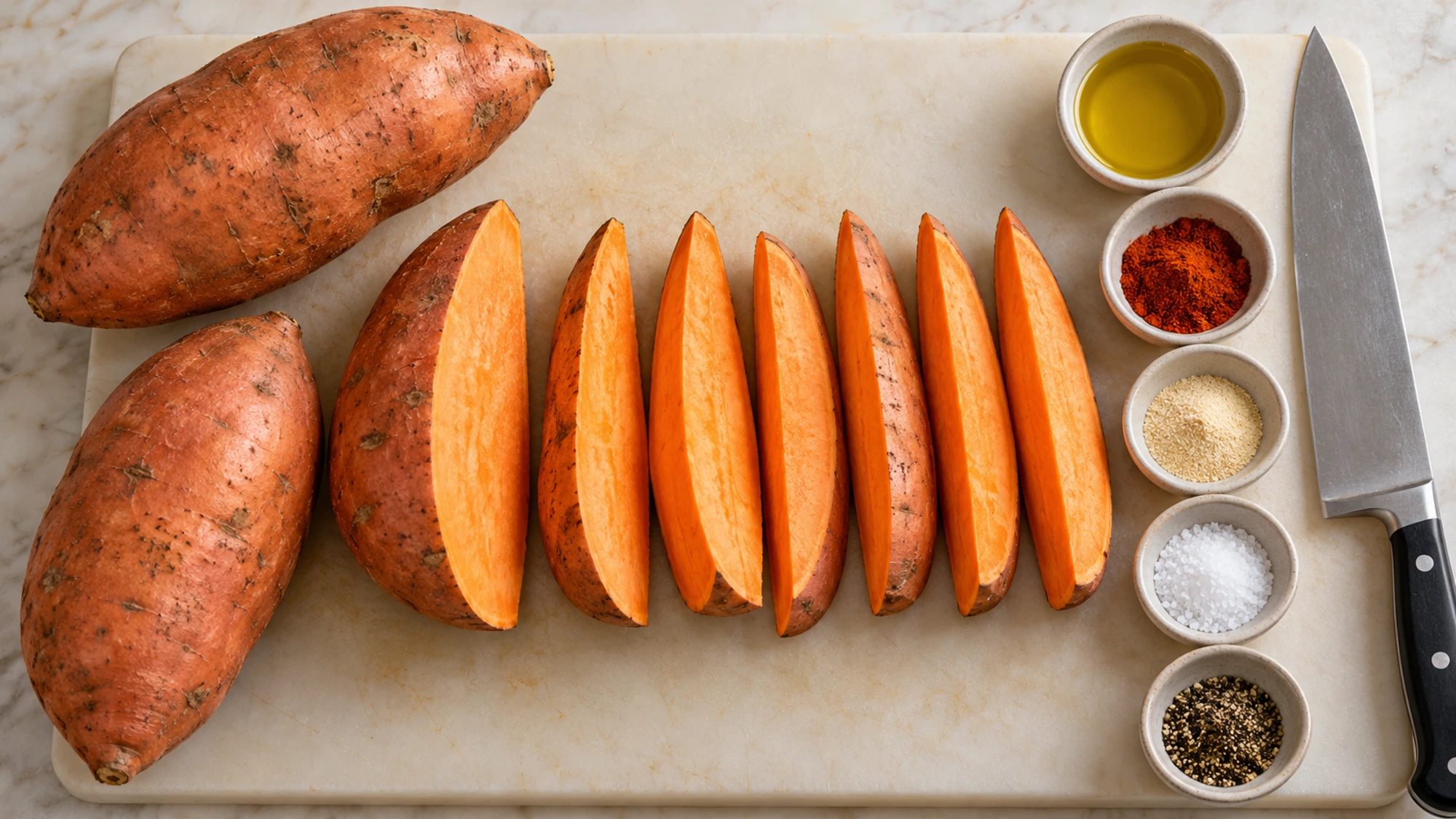Ingredients and evenly cut raw sweet potato wedges on a board