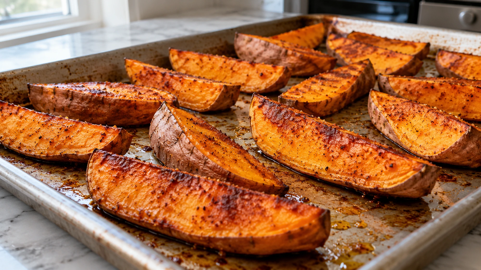 Roasted sweet potato wedges spaced across a baking sheet
