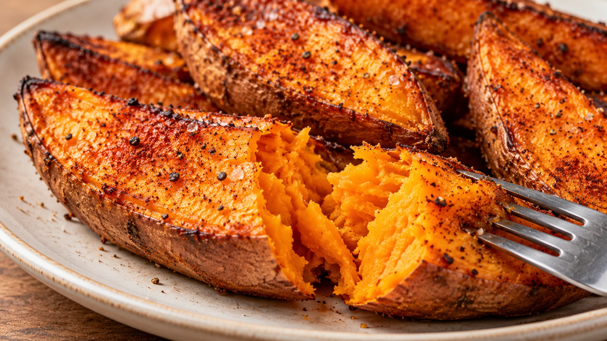 Sweet potato wedges with a fork exposing the tender orange center