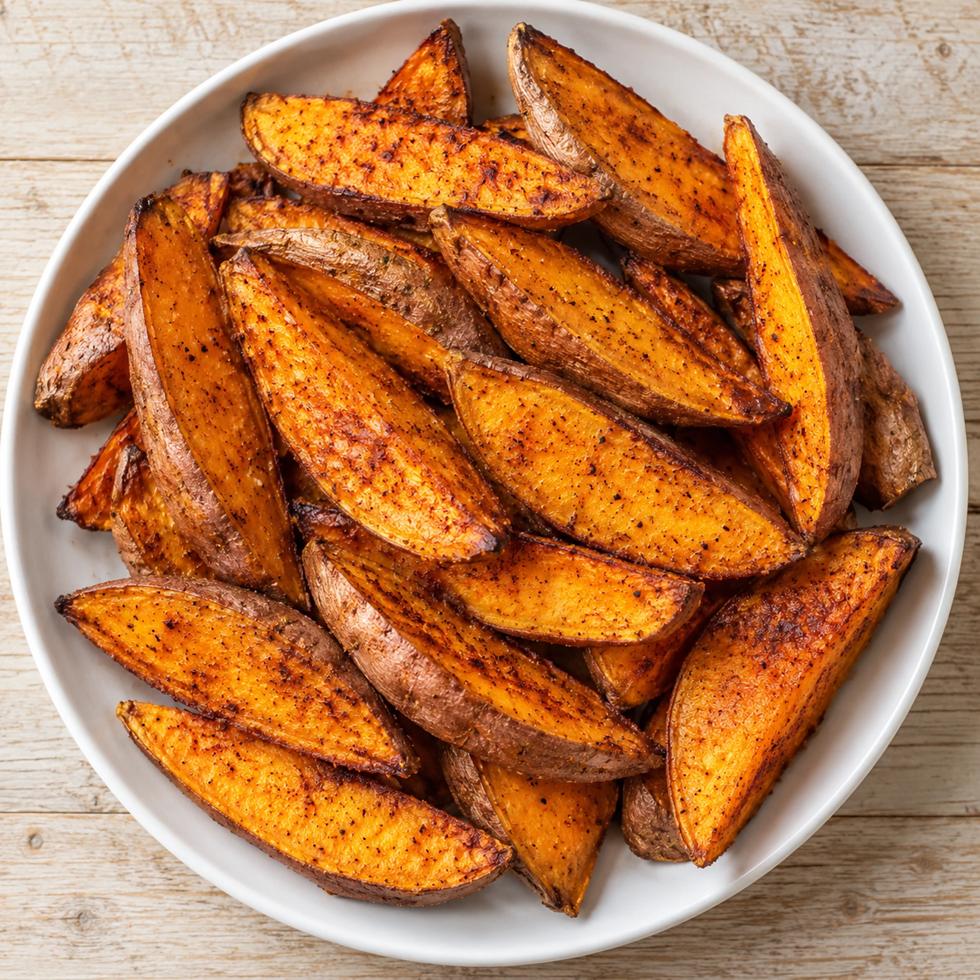 Sweet potato wedges on a round plate viewed from above