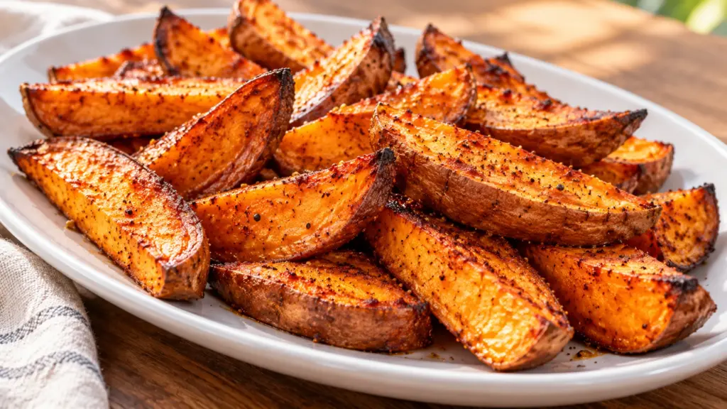 Sweet potato wedges with browned edges on a white platter