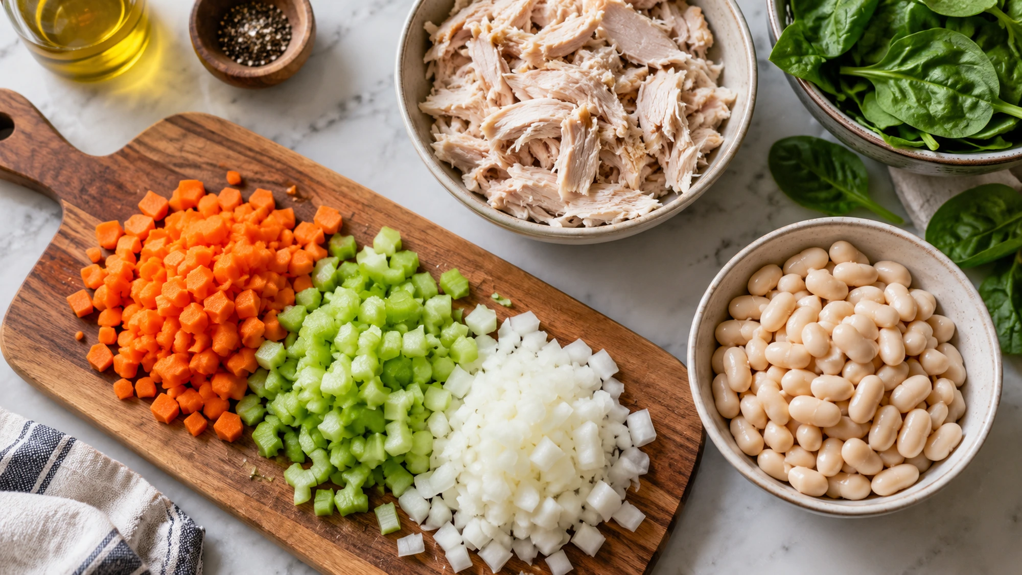 Prepared vegetables cooked turkey and beans for turkey and white bean soup