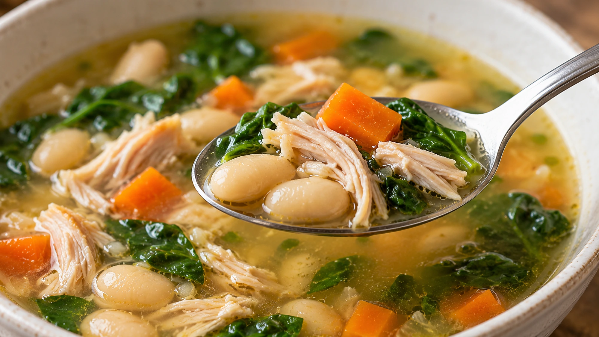Spoonful of turkey and white bean soup with carrot and spinach