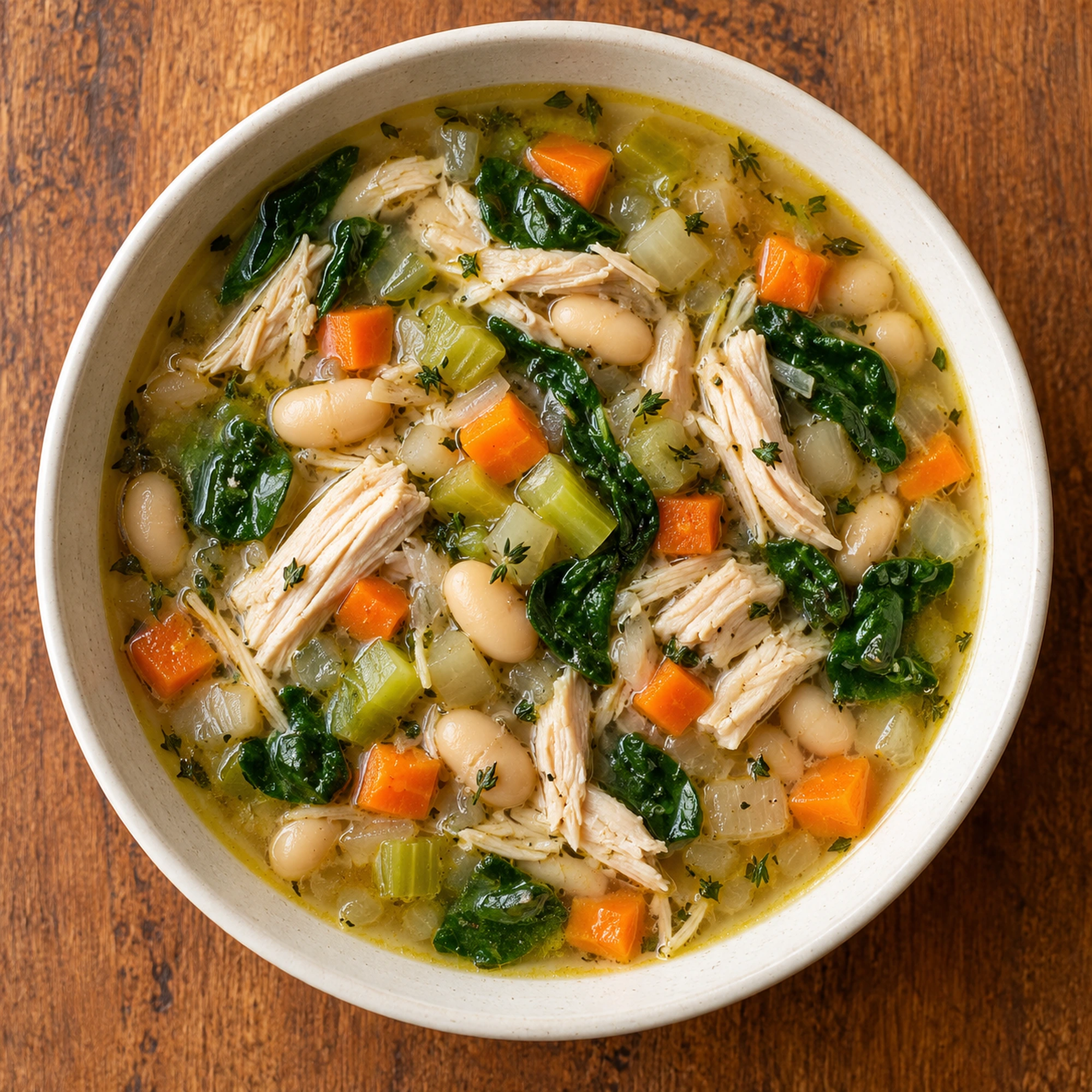 Overhead bowl of turkey and white bean soup