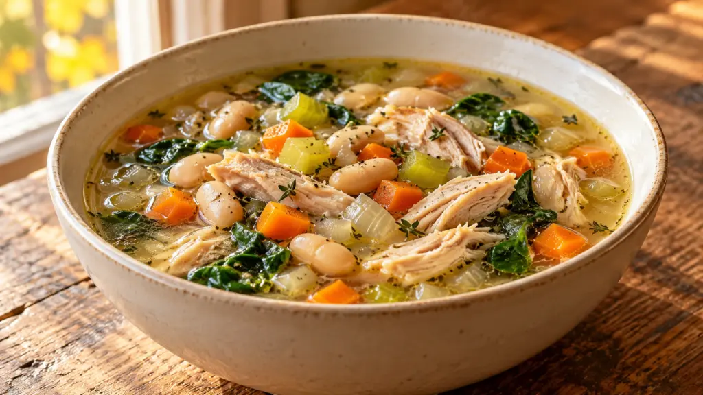 Turkey and white bean soup with carrots and spinach in golden broth