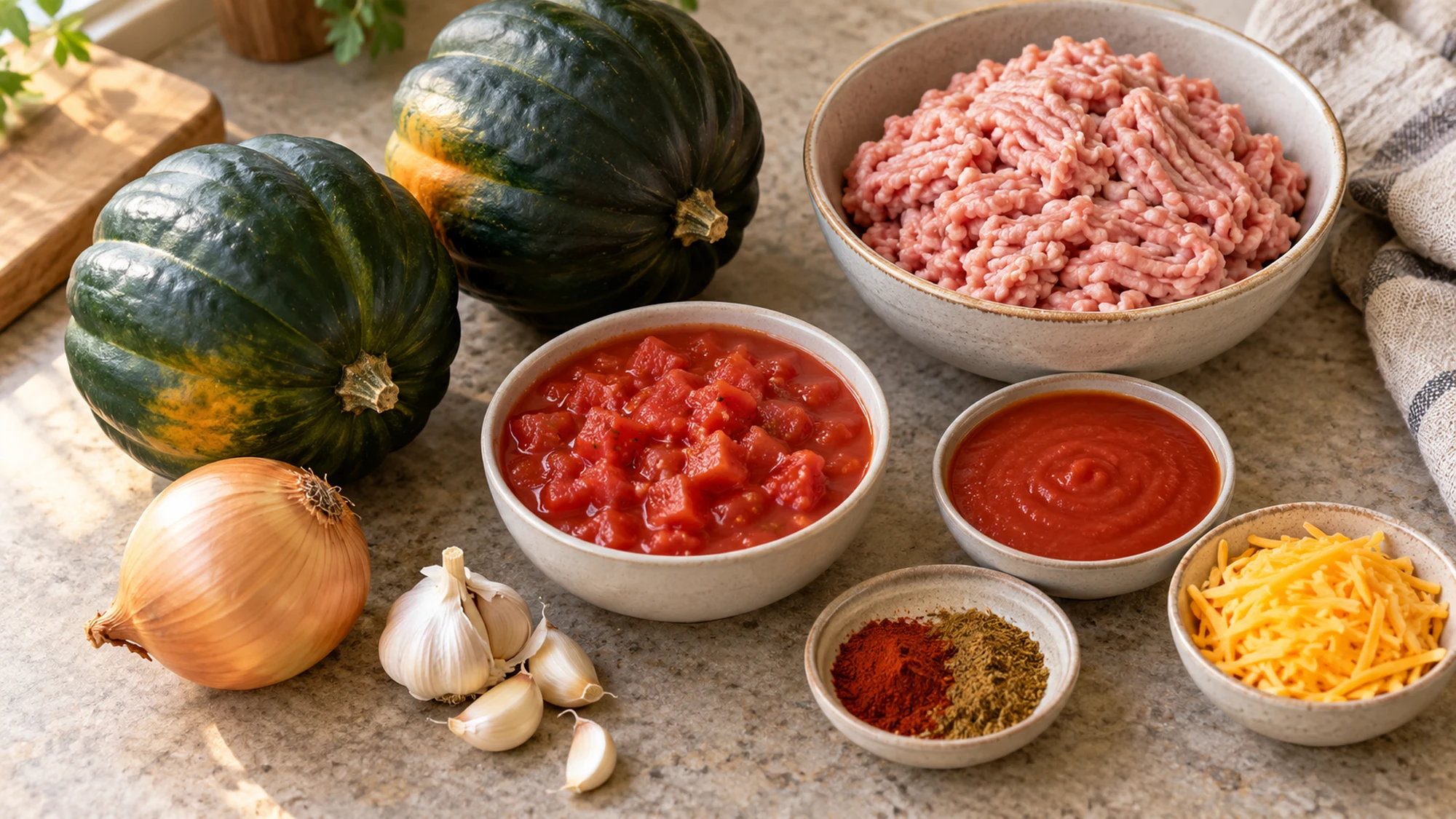Ingredients for turkey chili stuffed acorn squash
