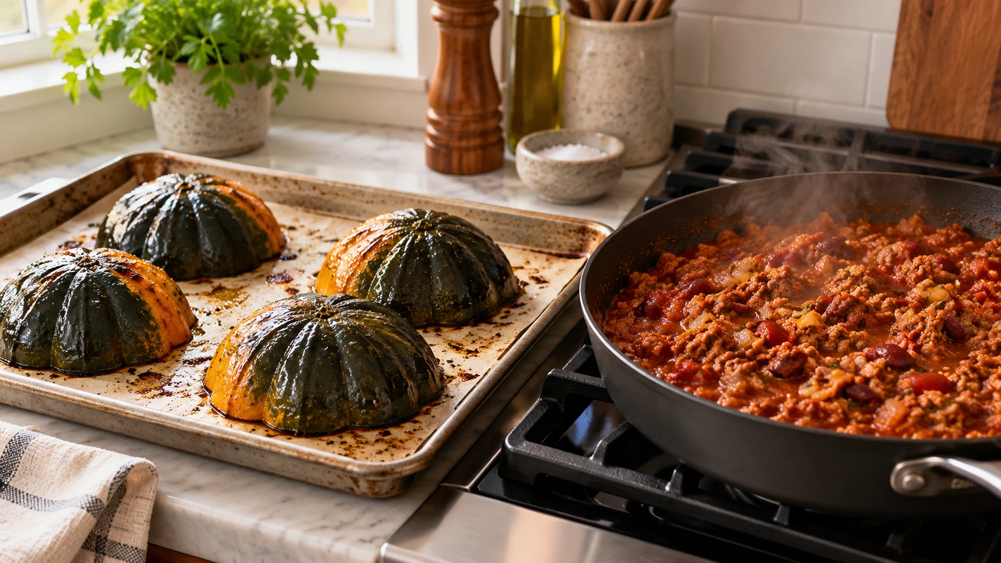 turkey chili stuffed acorn squash during cooking