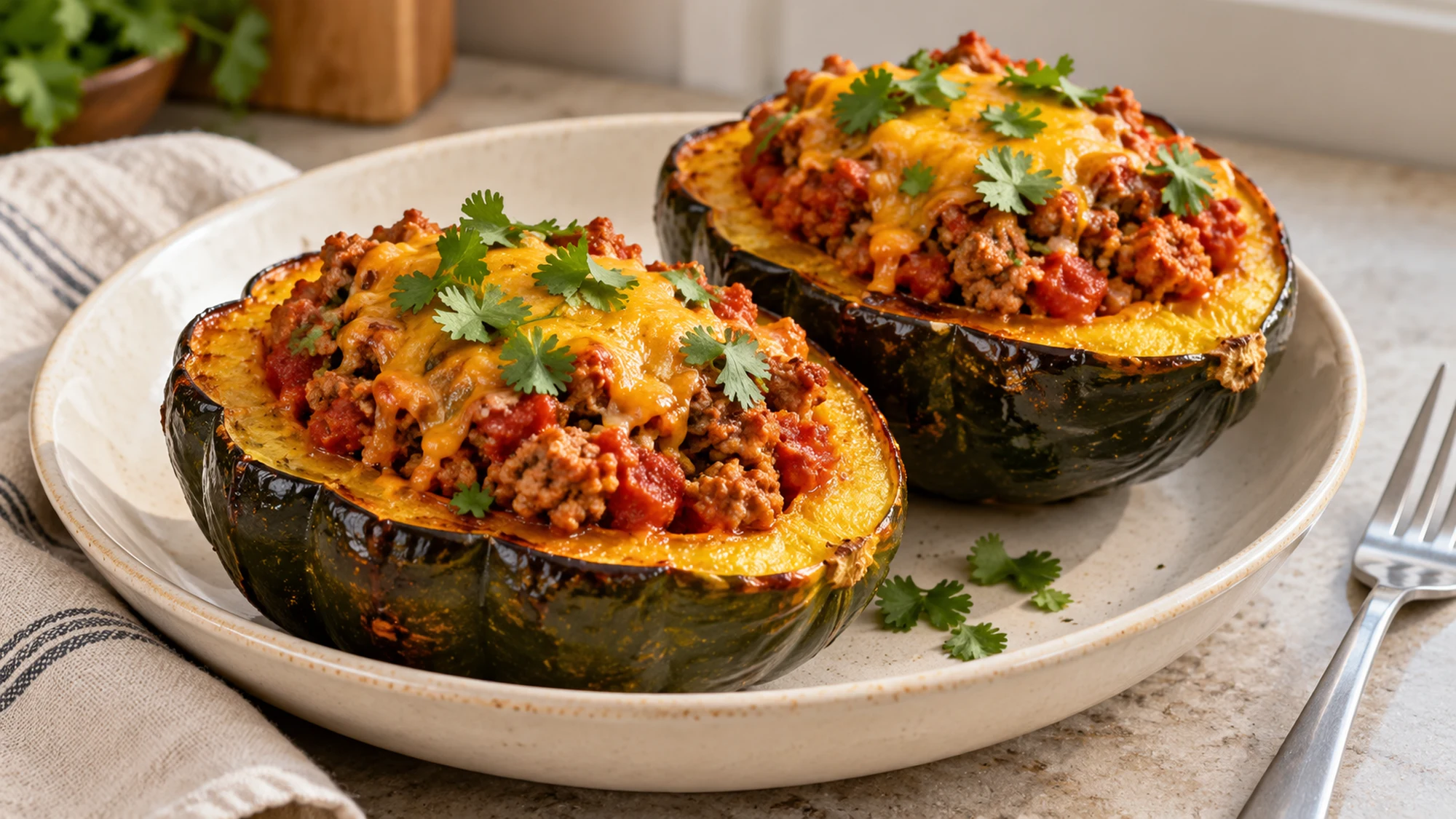 Turkey chili stuffed acorn squash served on a plate
