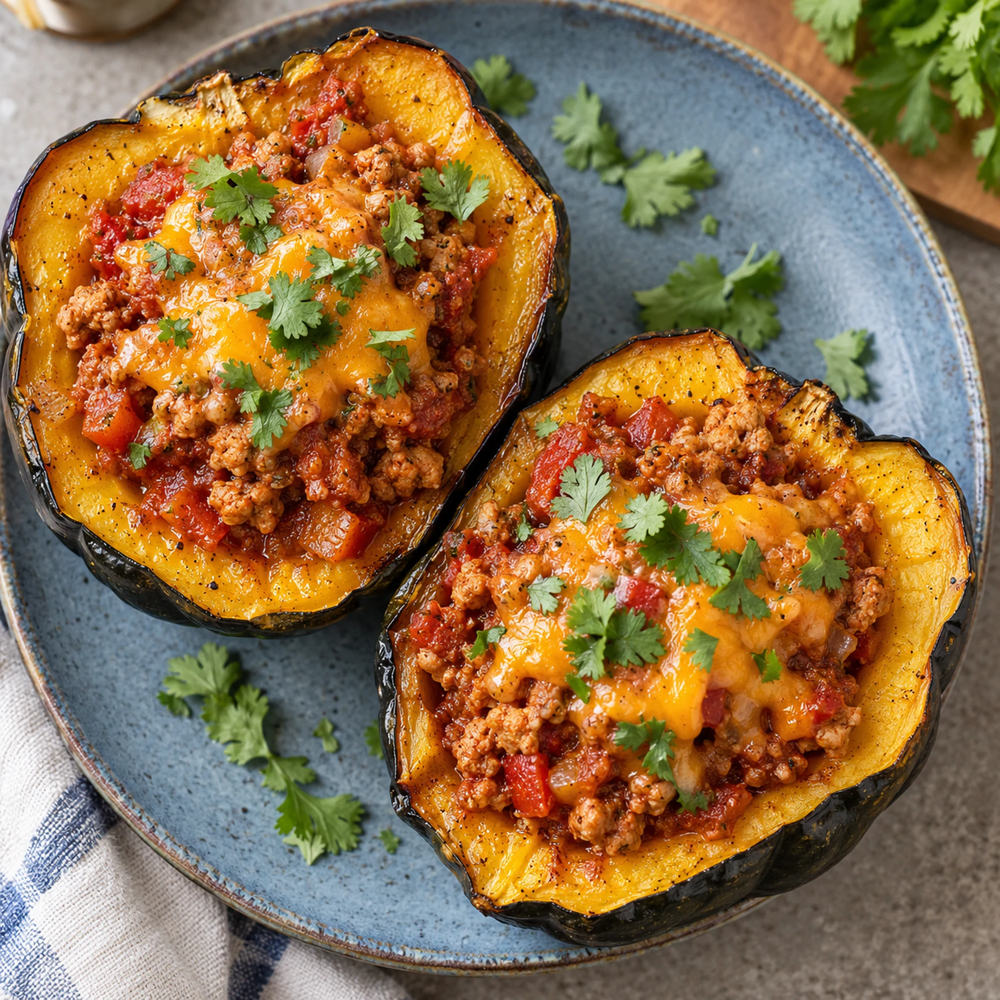 Turkey chili stuffed acorn squash arranged on a blue plate