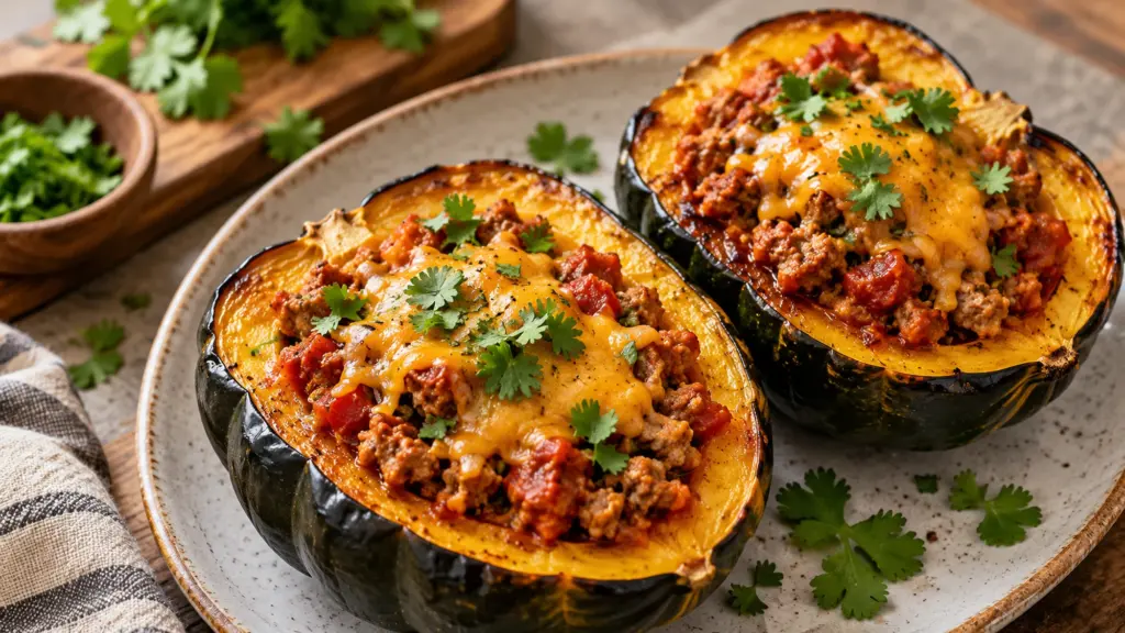 Turkey chili stuffed acorn squash with golden melted cheese
