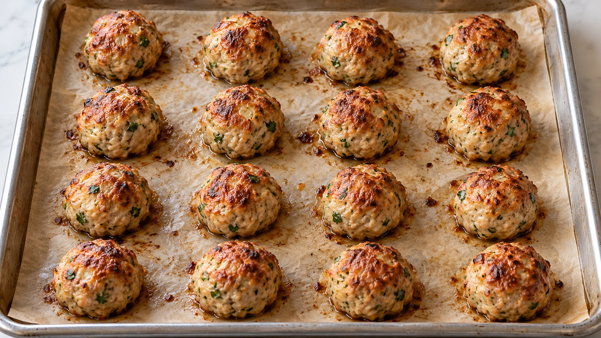 Sixteen baked turkey meatballs spaced across a parchment-lined baking sheet