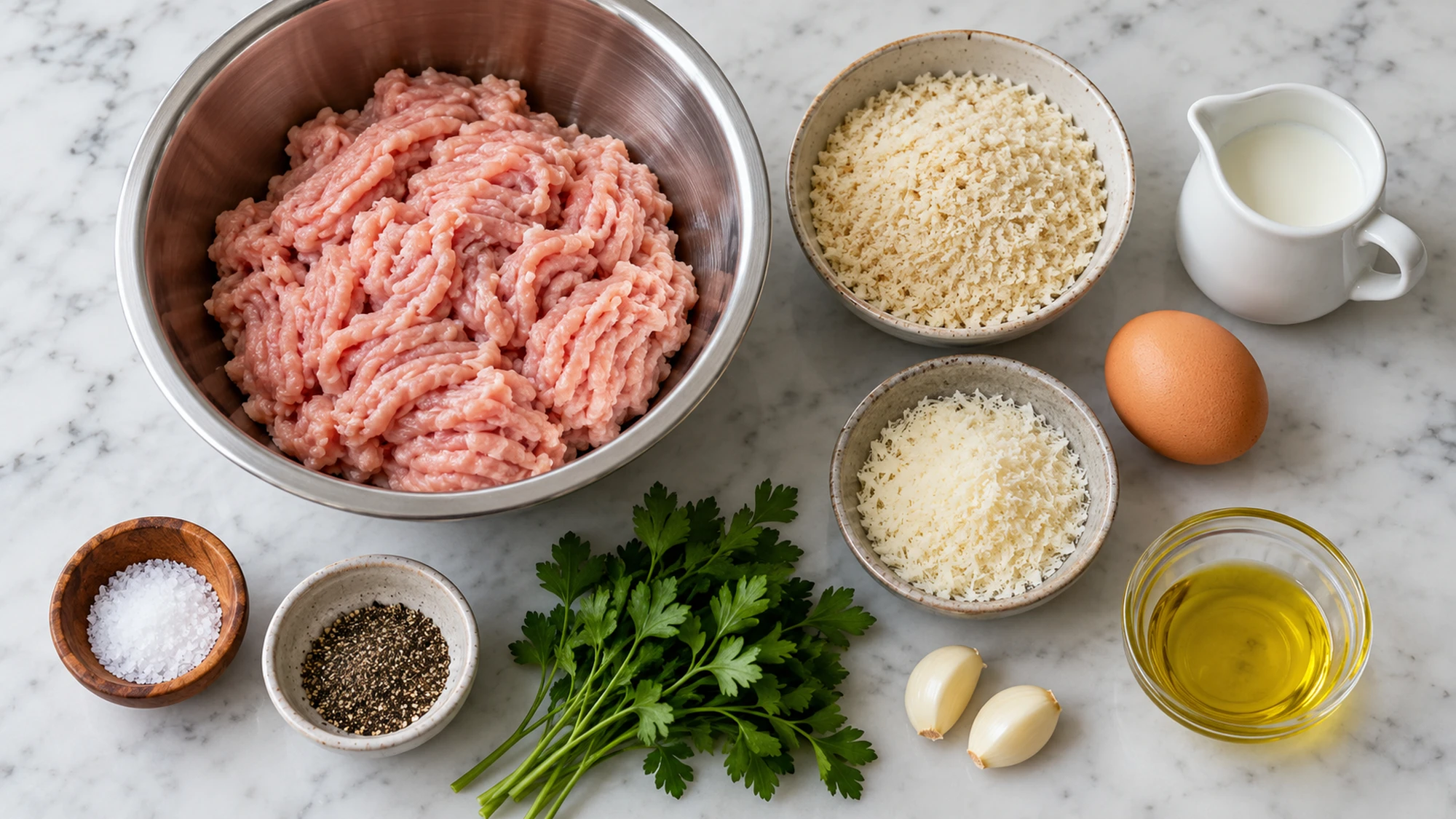 Measured ingredients for turkey meatballs with raw turkey in a separate bowl