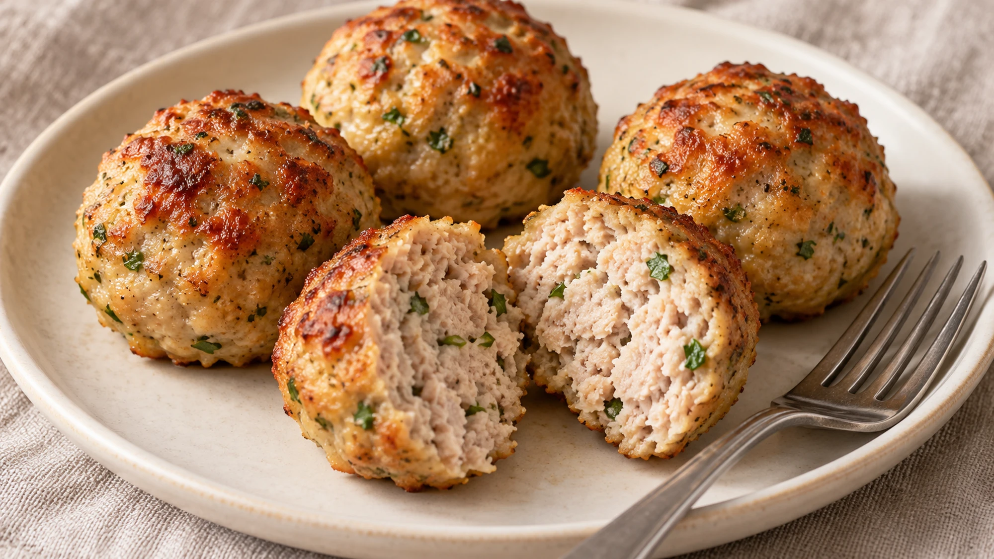 Four turkey meatballs on a plate with one cut open to show its texture