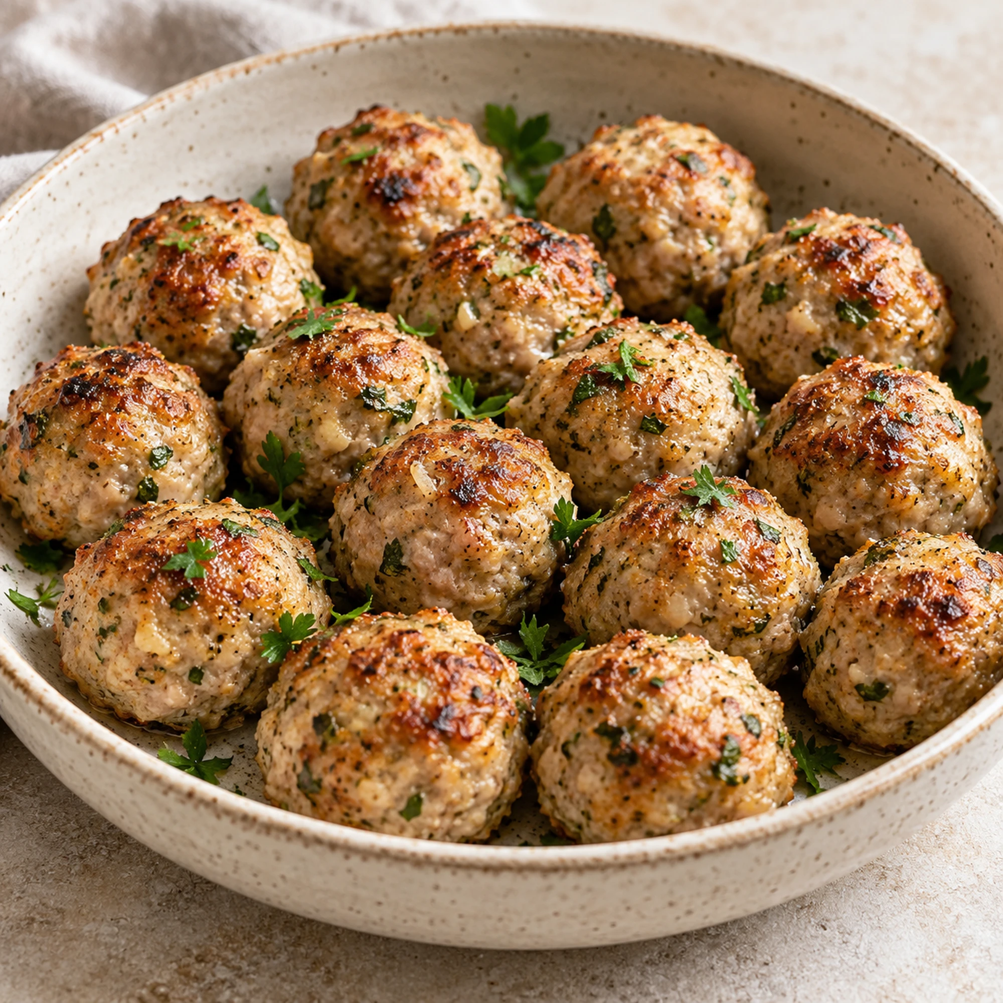Square view of golden turkey meatballs in a white bowl