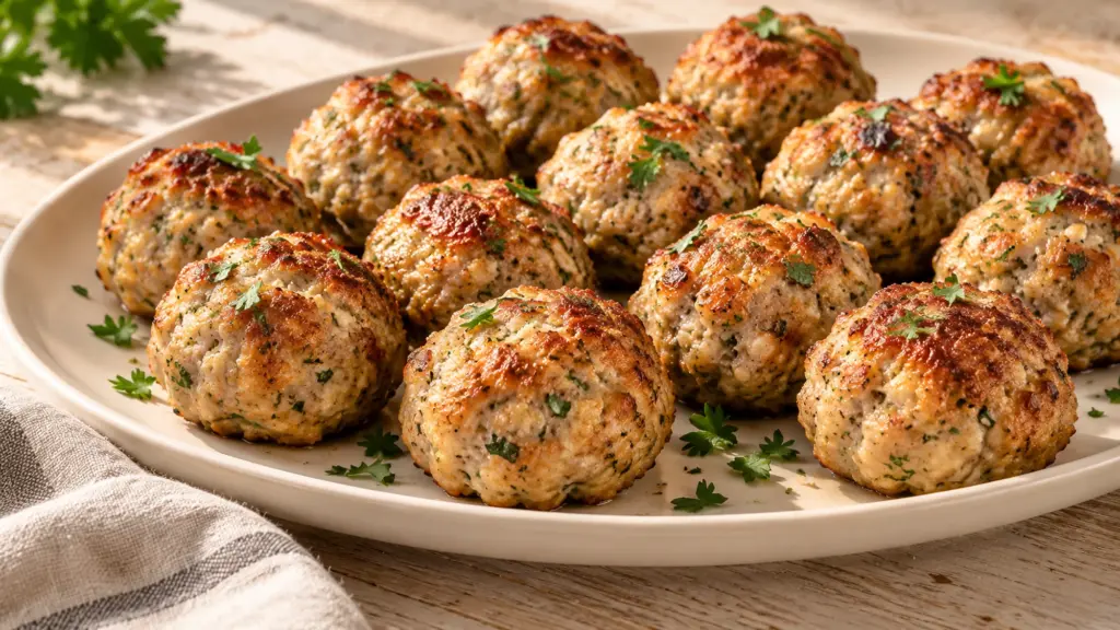Golden baked turkey meatballs on a white serving platter with parsley