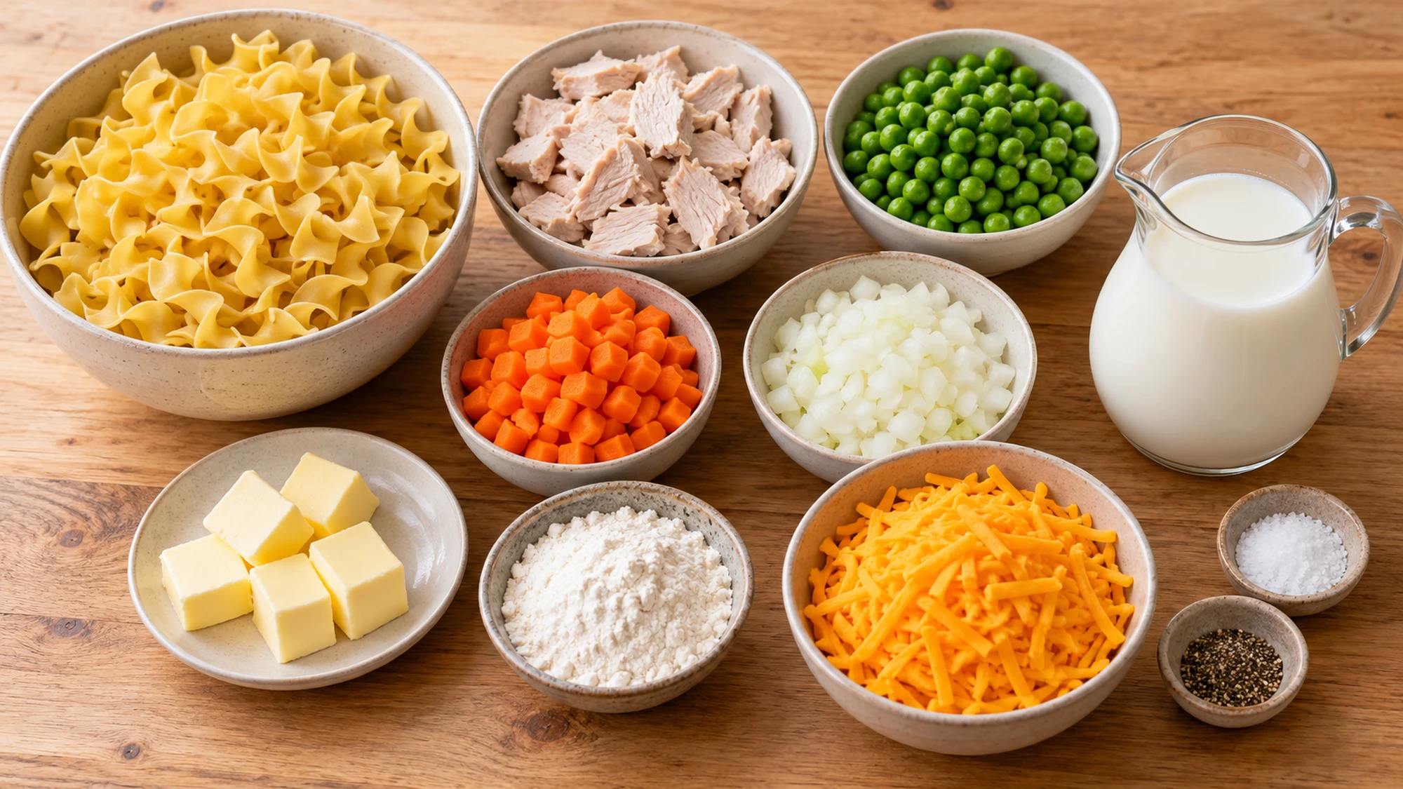 Ingredients for turkey noodle casserole with cooked turkey and egg noodles