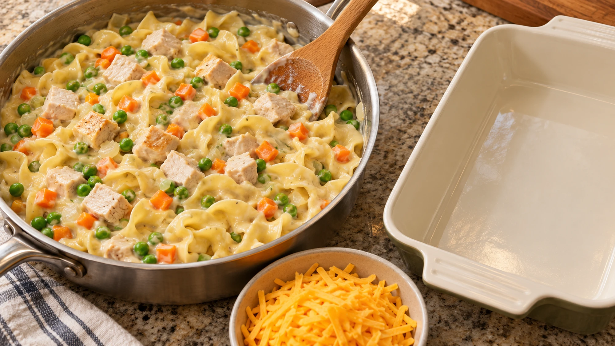 Creamy filling for turkey noodle casserole beside the baking dish
