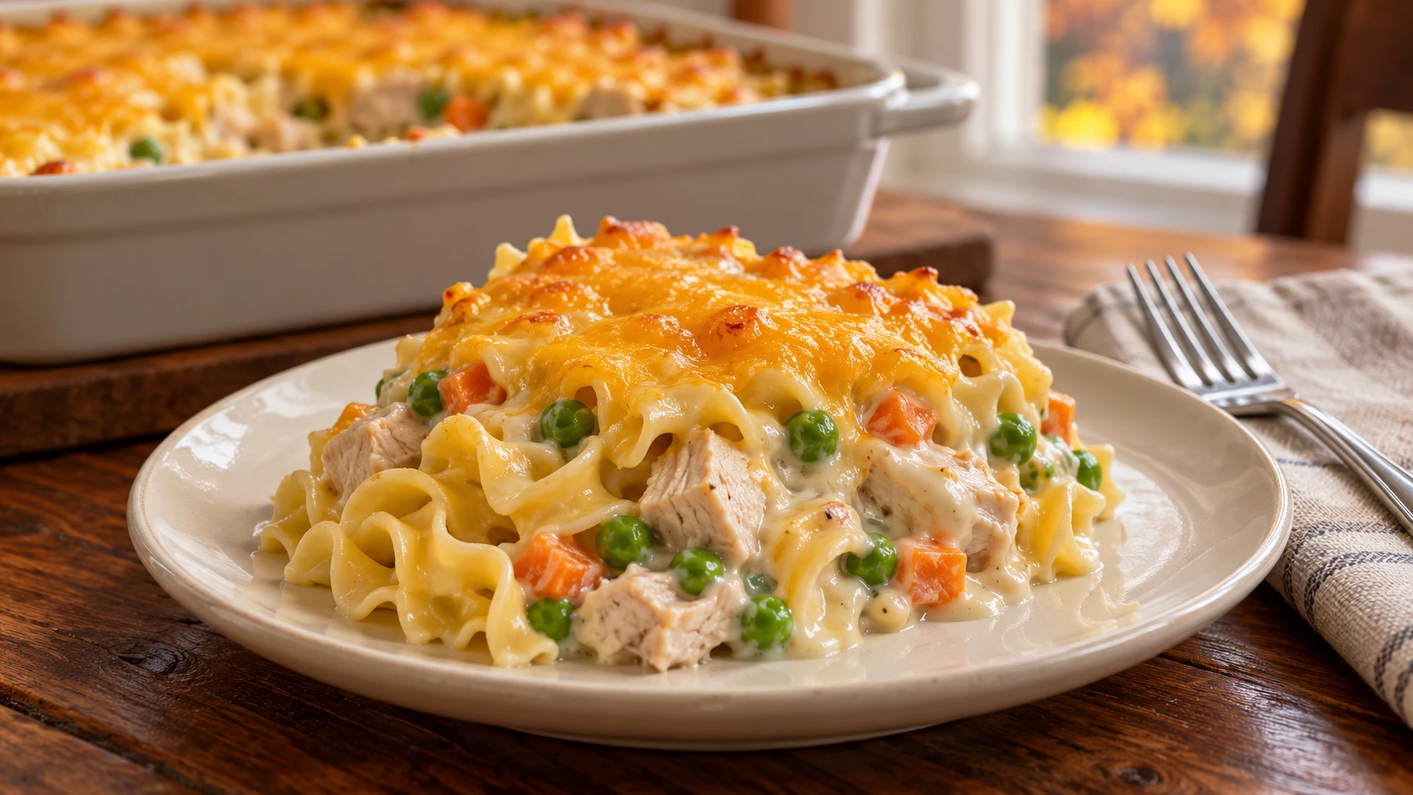 A serving of turkey noodle casserole showing peas and tender noodles