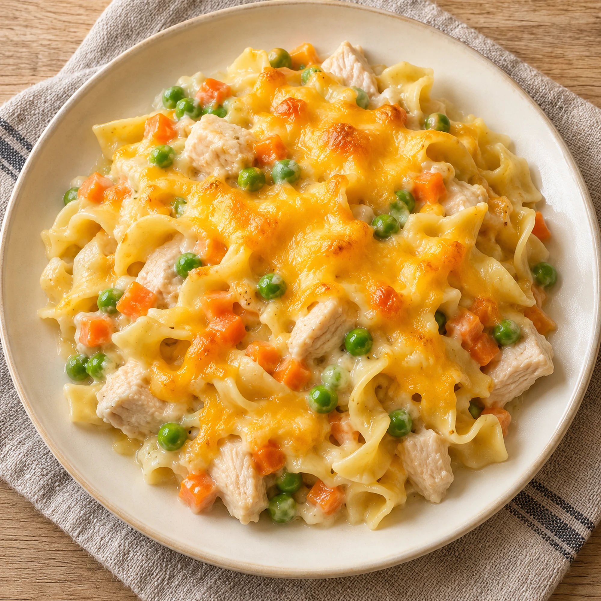 Overhead plate of turkey noodle casserole with melted cheddar