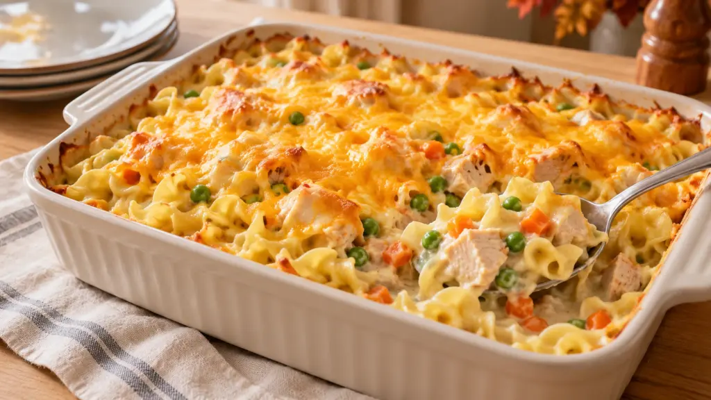 Turkey noodle casserole with a golden cheddar top in a baking dish