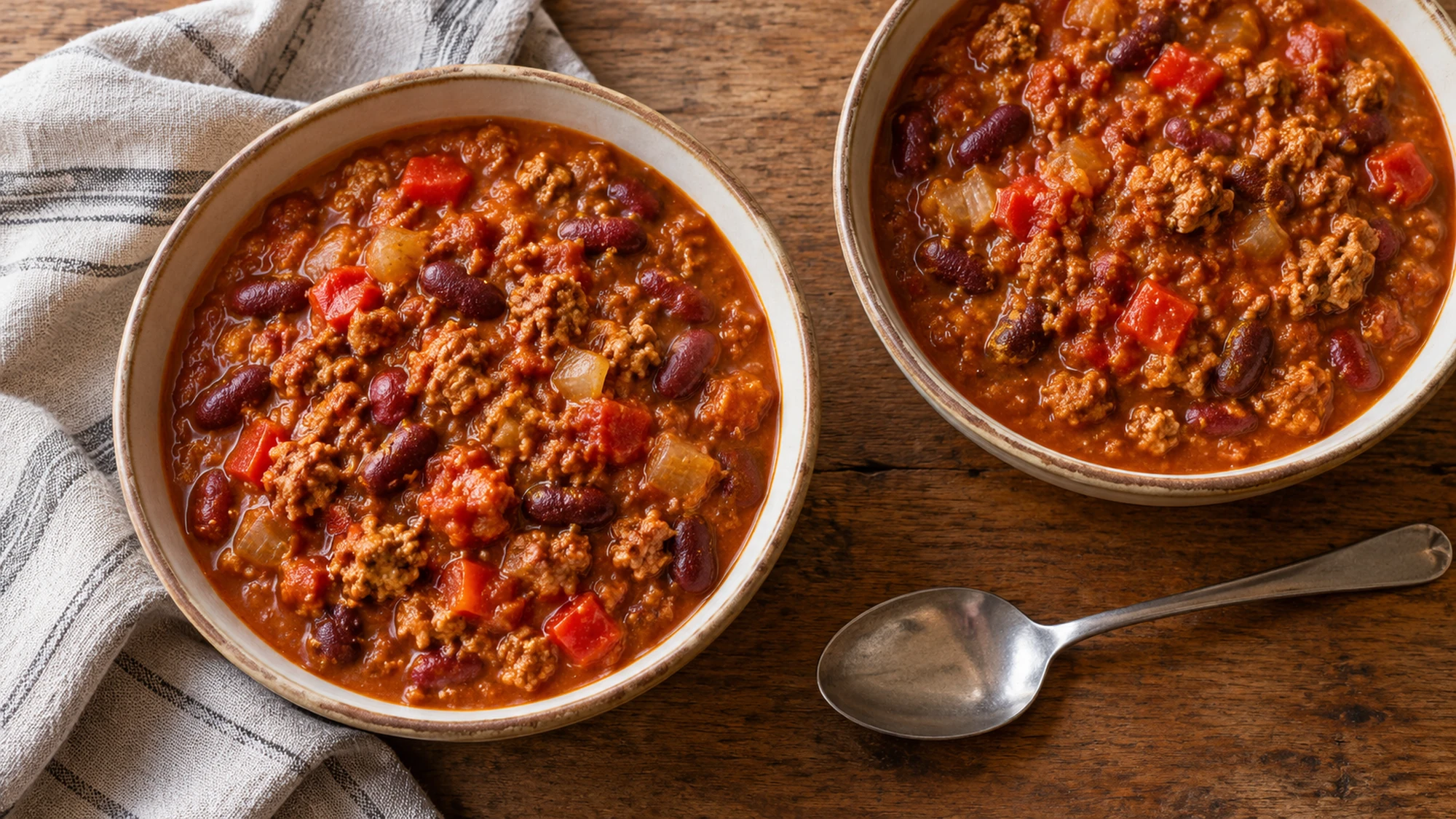 Two bowls of turkey pumpkin chili with red bell pepper and tomato