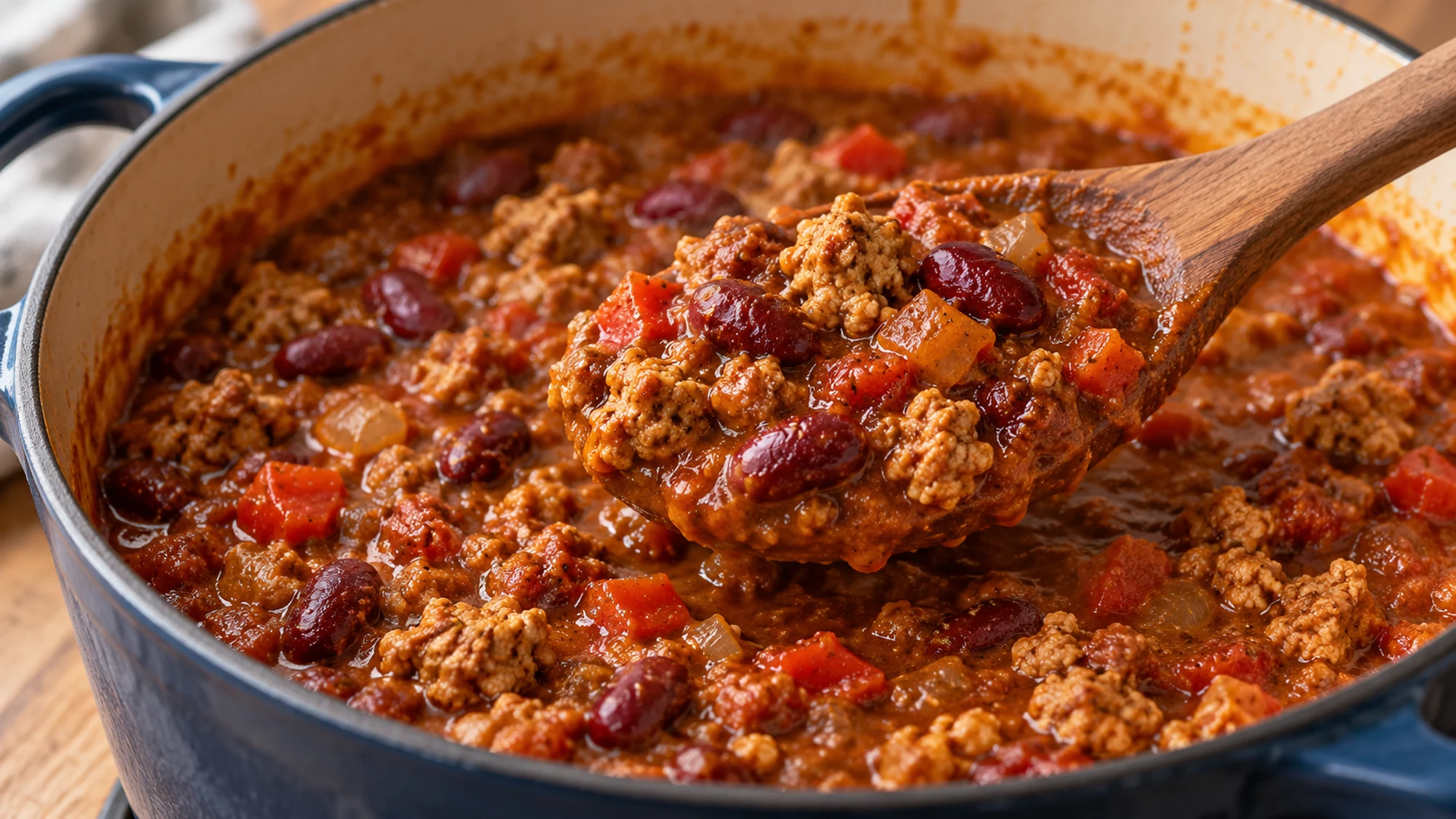 A spoonful of turkey pumpkin chili lifted from a Dutch oven