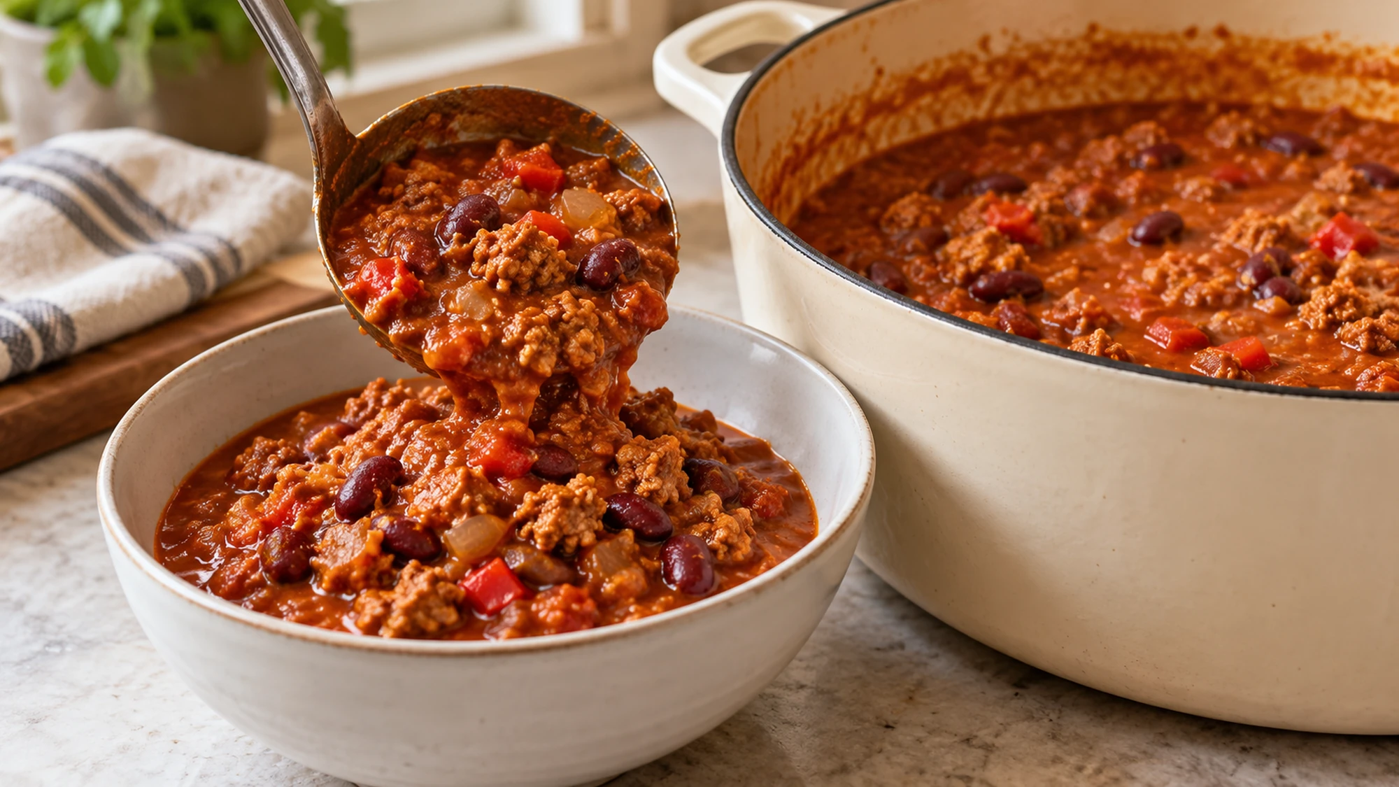 Turkey pumpkin chili ladled into a serving bowl