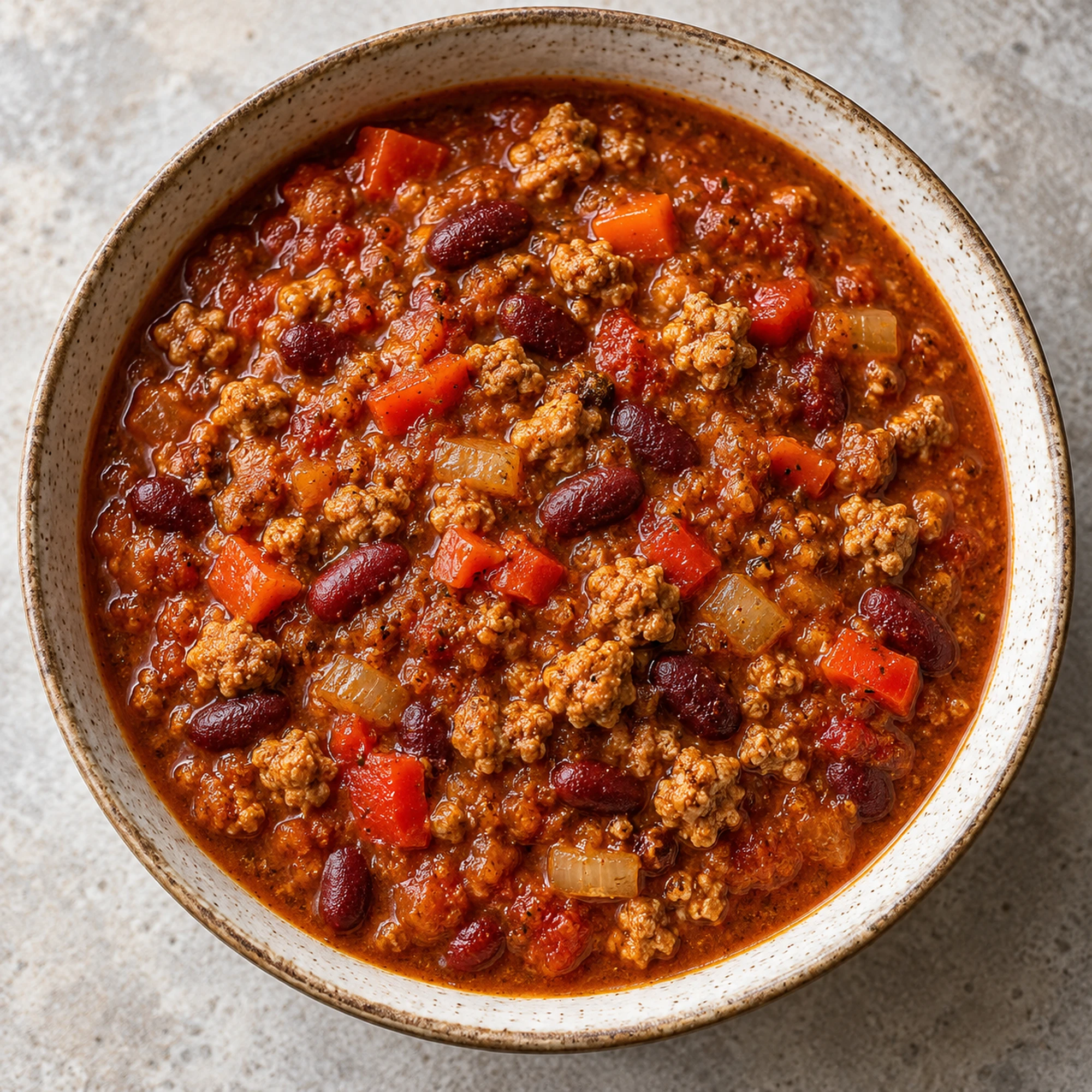 Turkey pumpkin chili with a thick tomato and pumpkin base