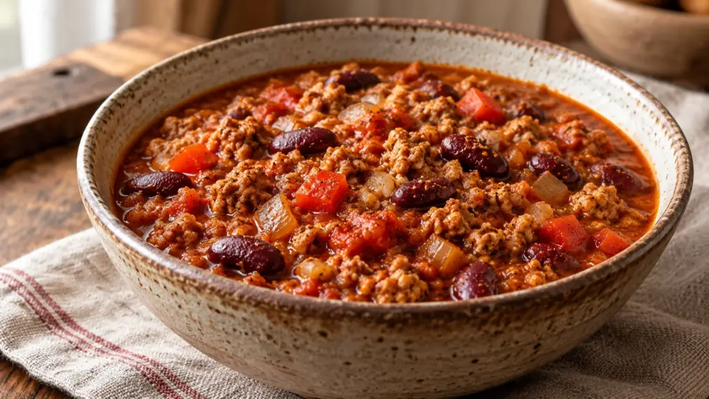 Turkey pumpkin chili with kidney beans and ground turkey in a ceramic bowl