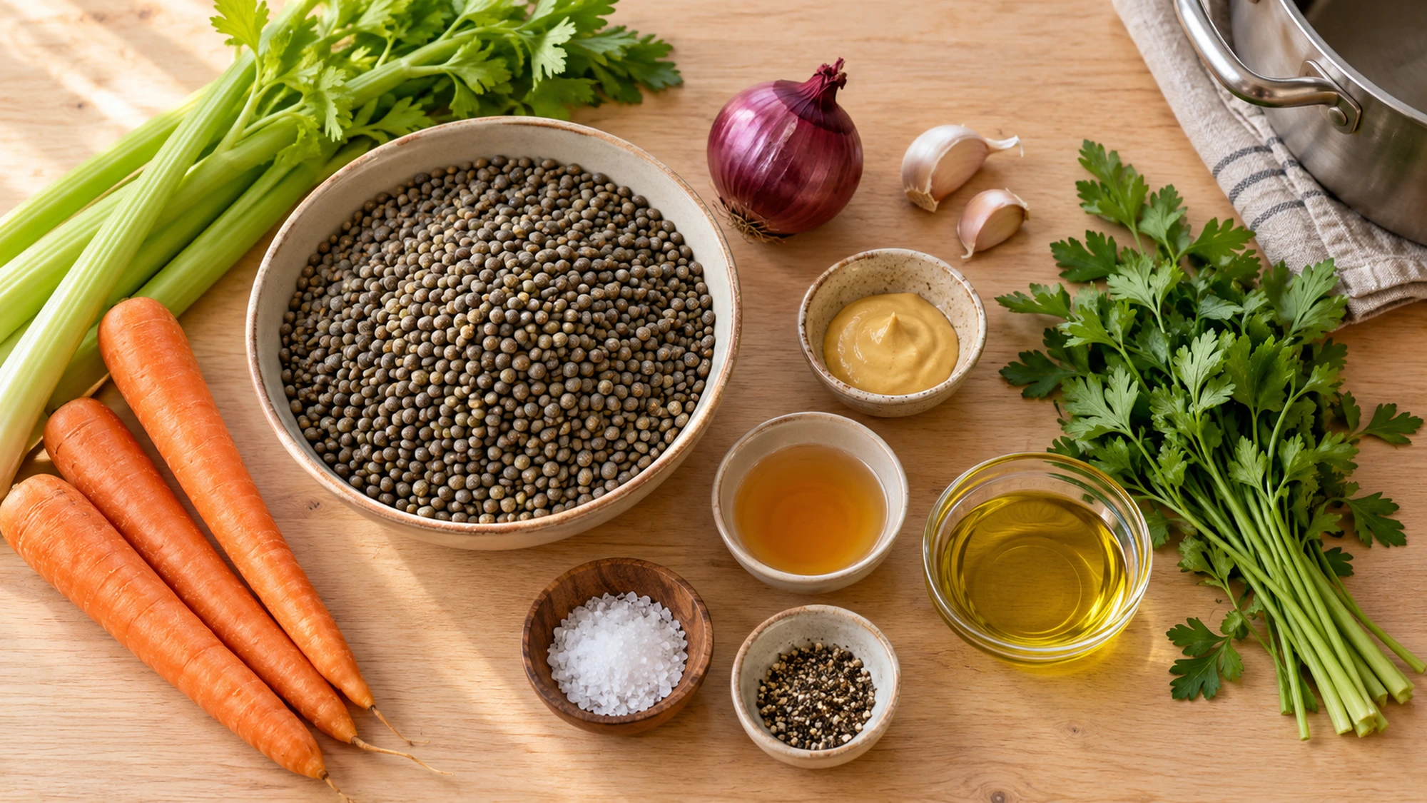 Ingredients for warm lentil salad with French green lentils and Dijon dressing