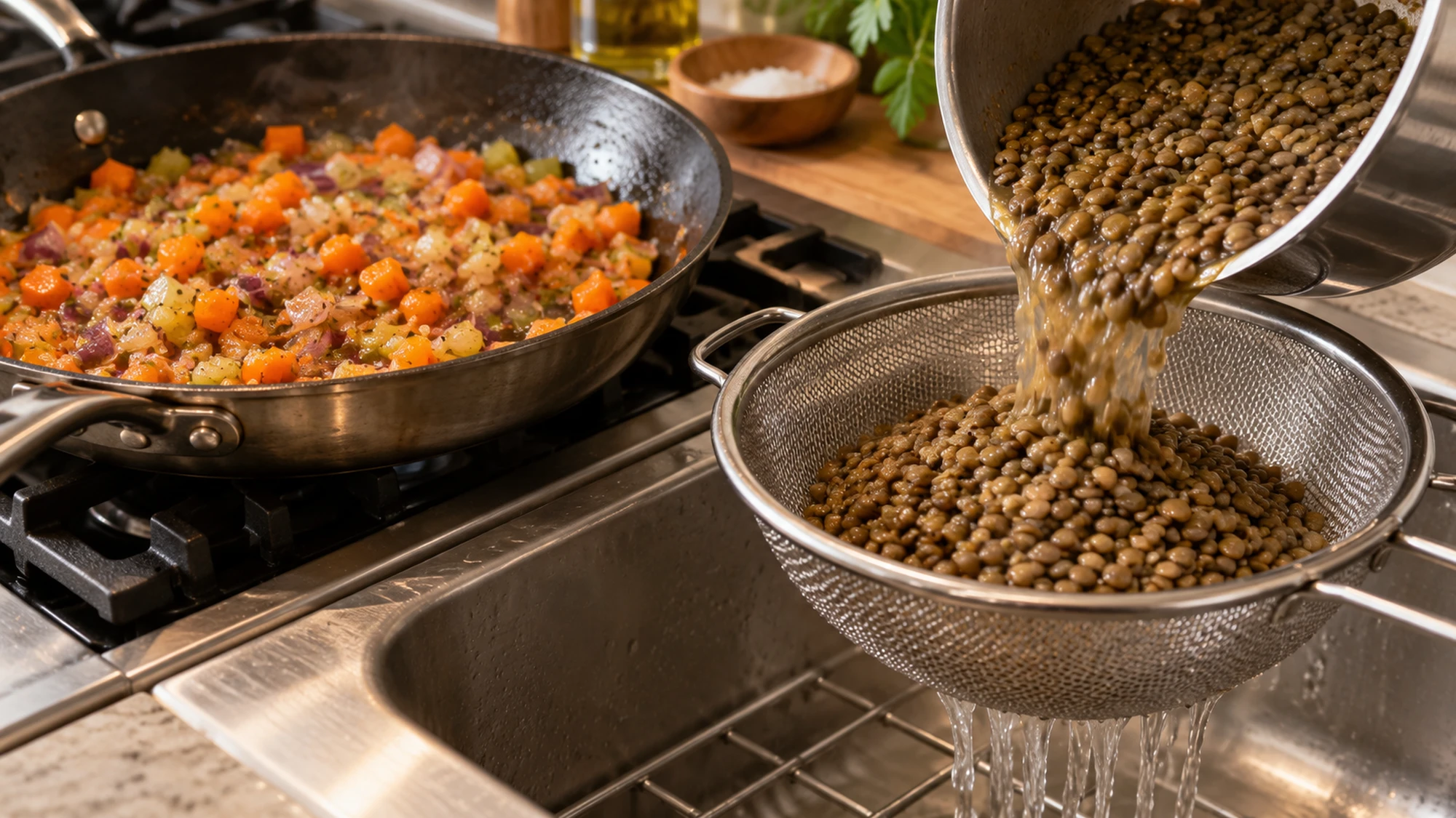Cooked lentils draining beside sauteed vegetables for warm lentil salad