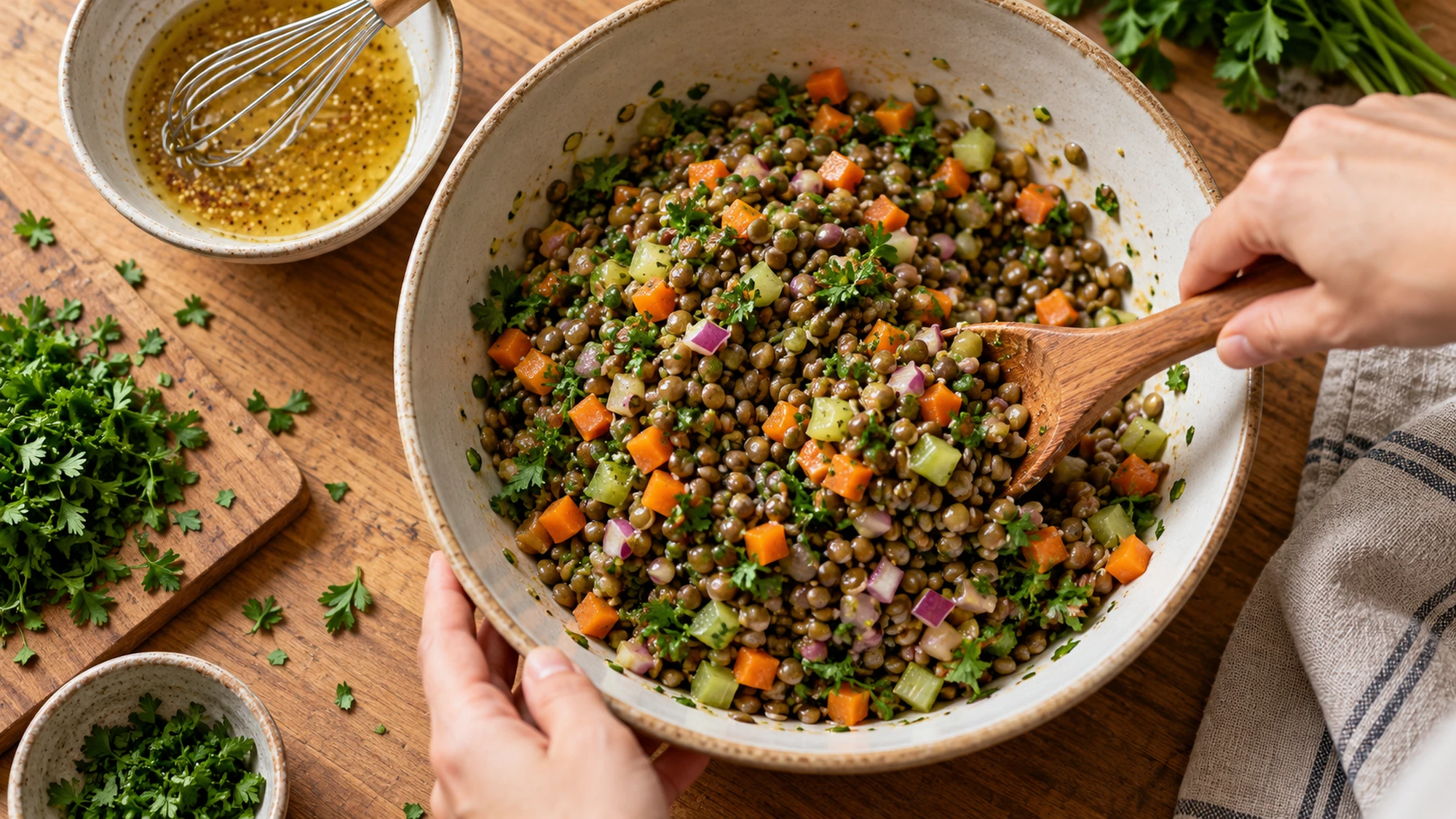 Warm lentil salad gently folded with parsley and vinaigrette