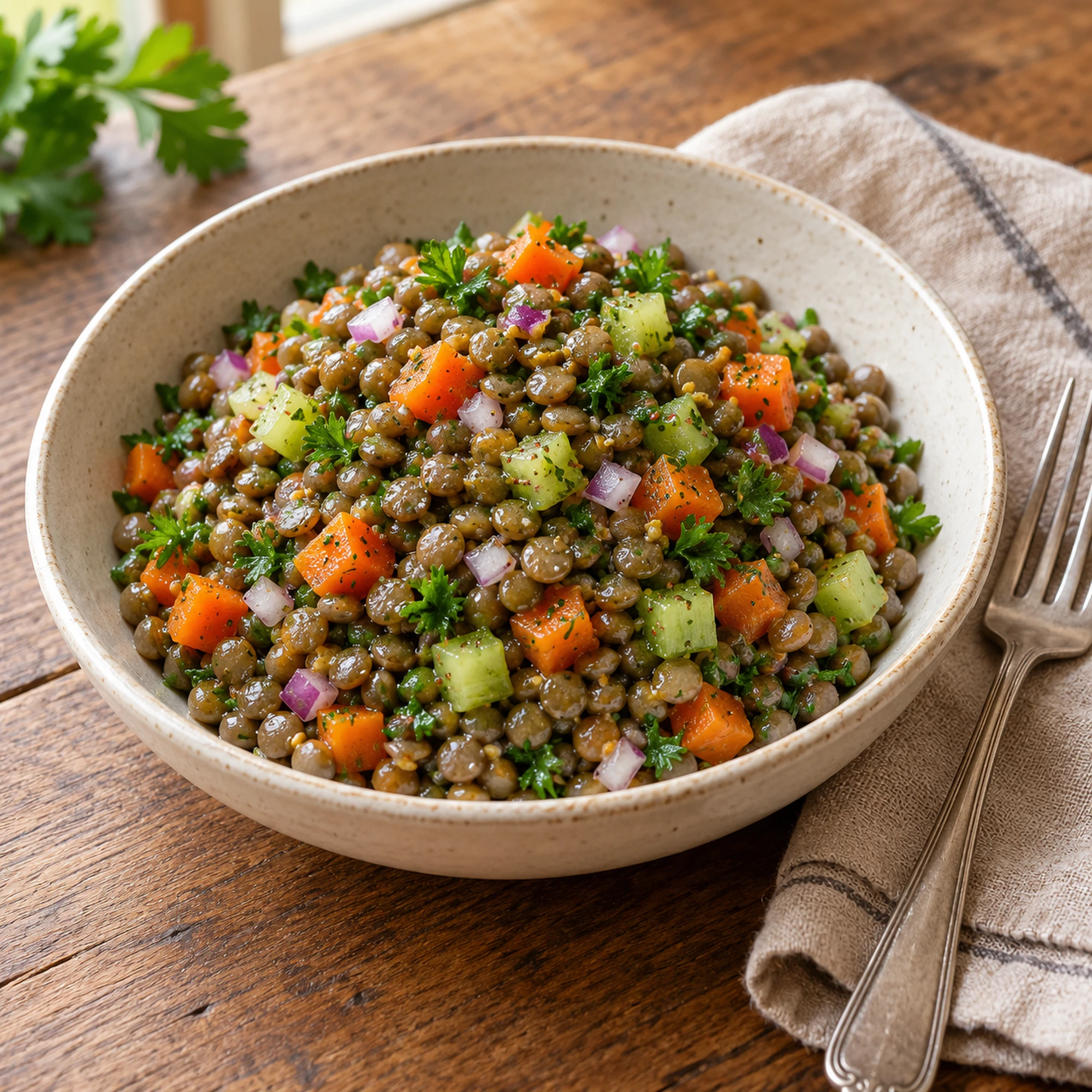 A side serving of warm lentil salad in an ivory bowl