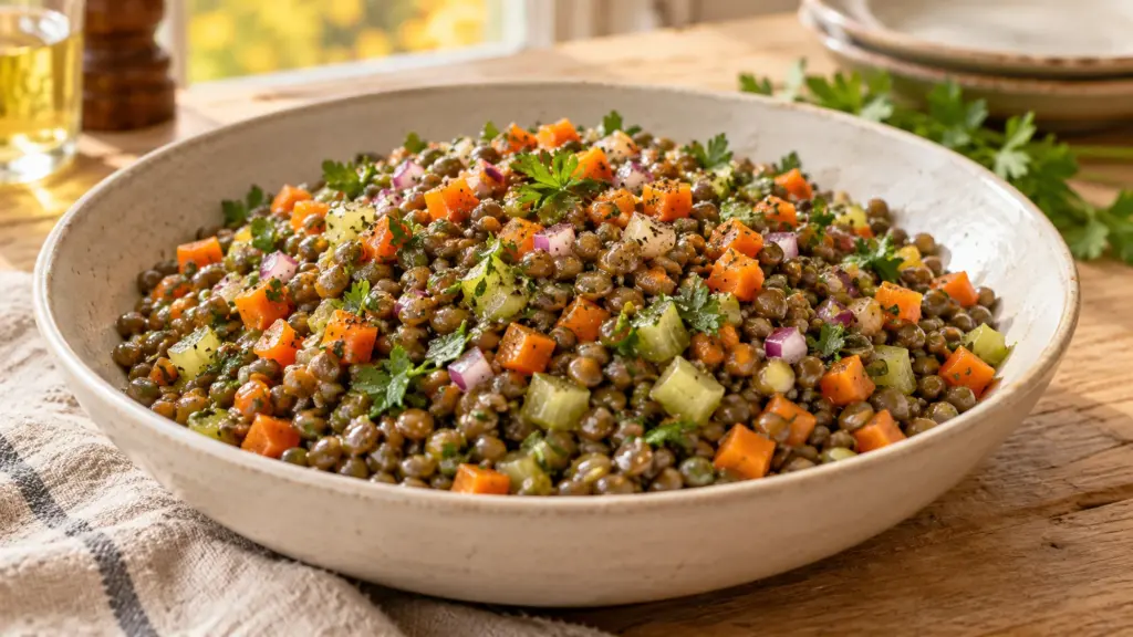 Warm lentil salad with carrots, celery, red onion, and parsley