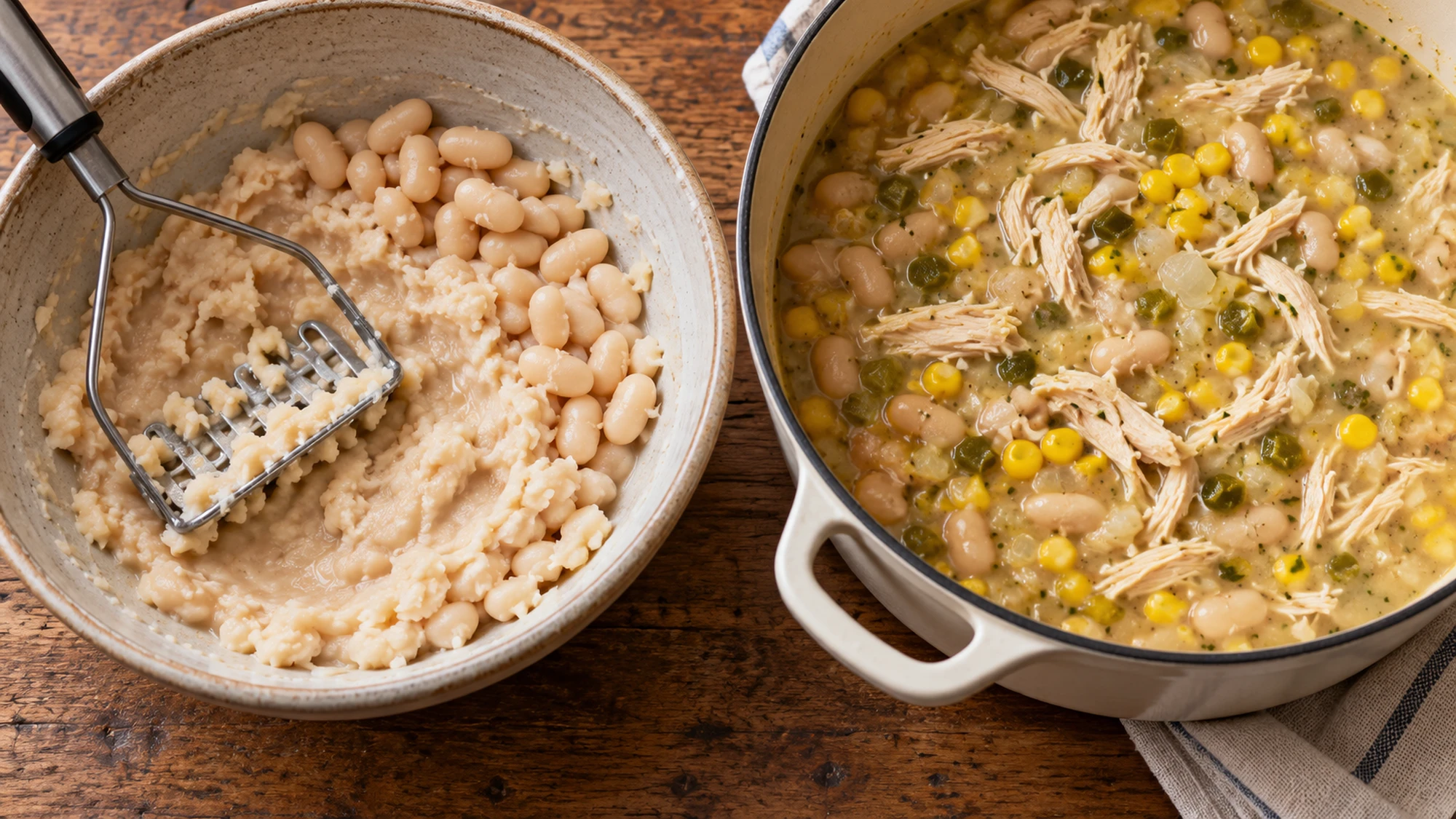 Mashed white beans beside a pot of white chicken chili