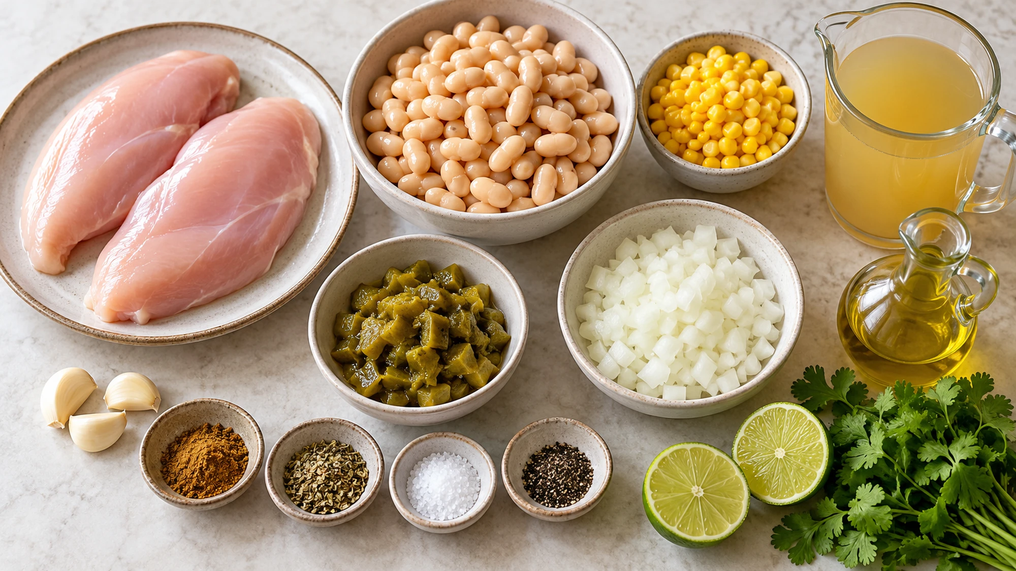 White chicken chili ingredients with raw chicken on a separate plate