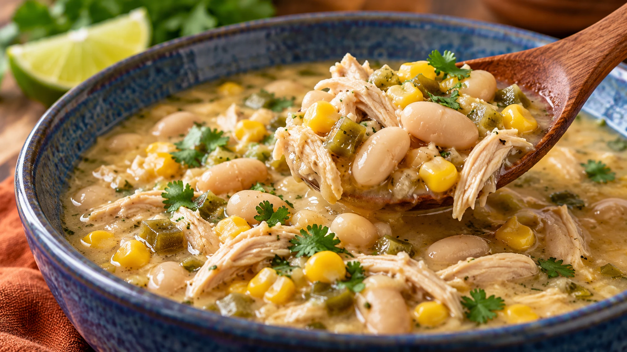 Spoonful of white chicken chili with whole beans and shredded chicken